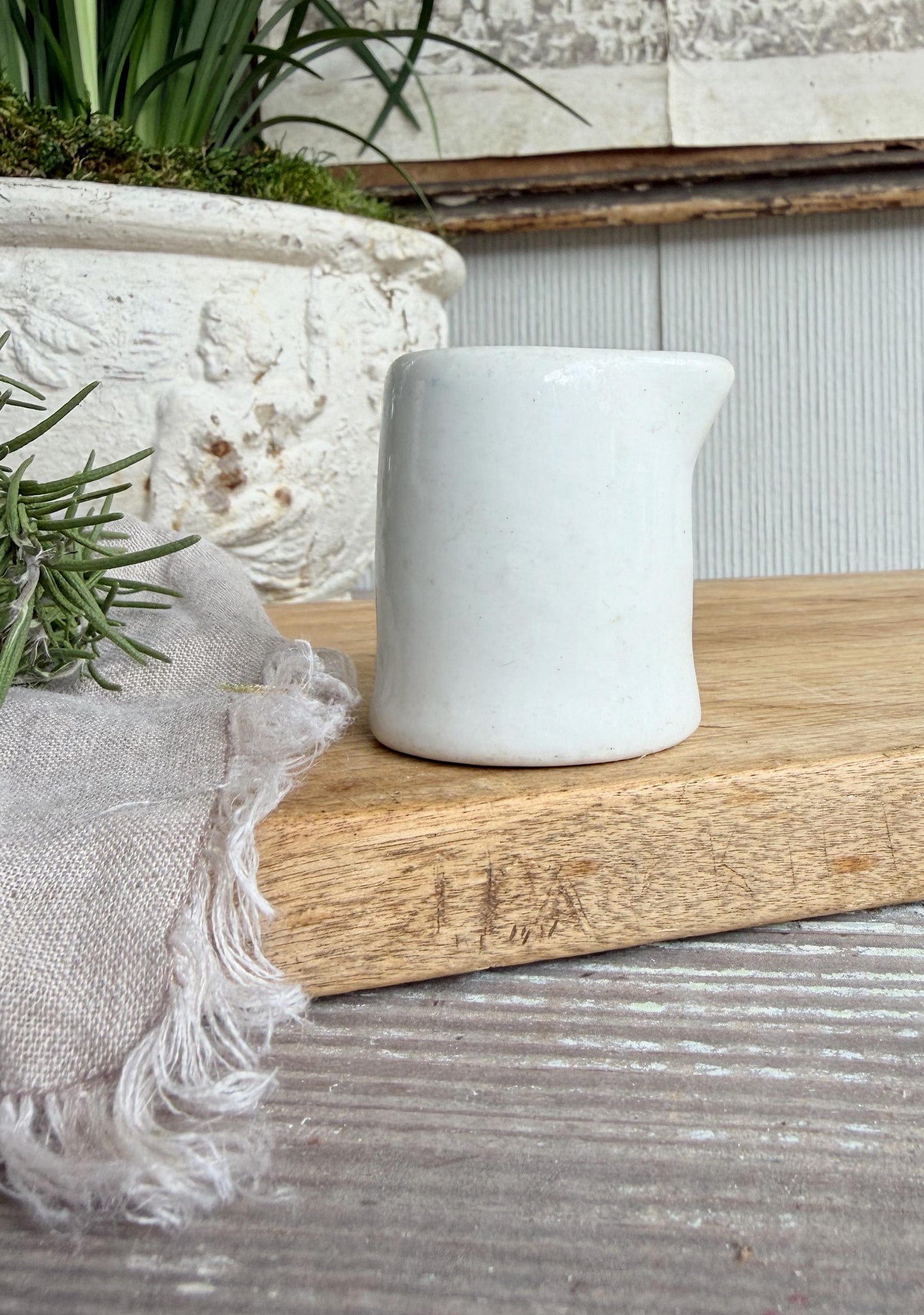 Vintage Ironstone Creamer – Small White Syrup Pitcher, Handleless Chunky Farmhouse Primitive Decor
