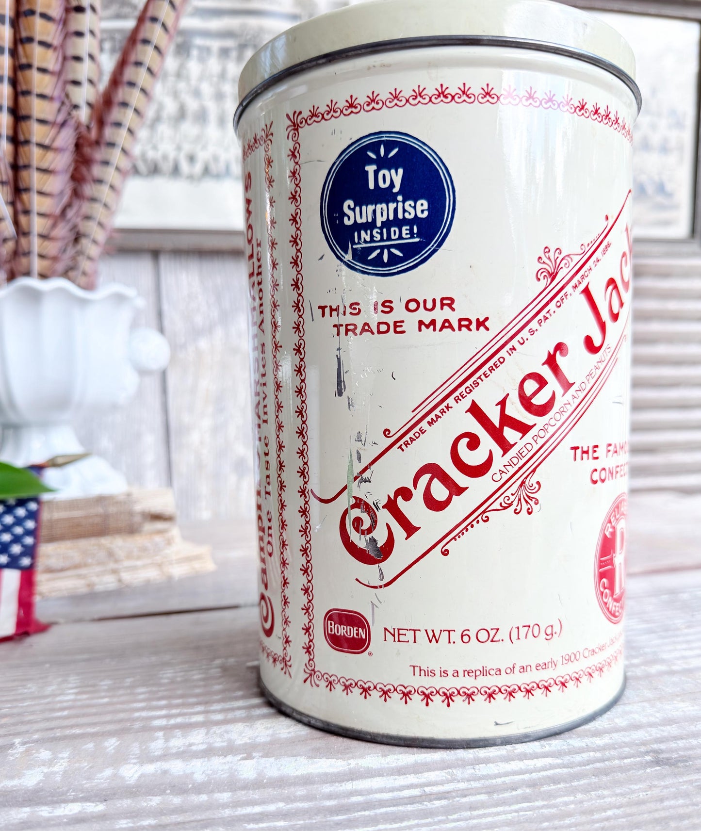 Vintage CRACKER JACK Tin Can Red White Blue Farmhouse Americana