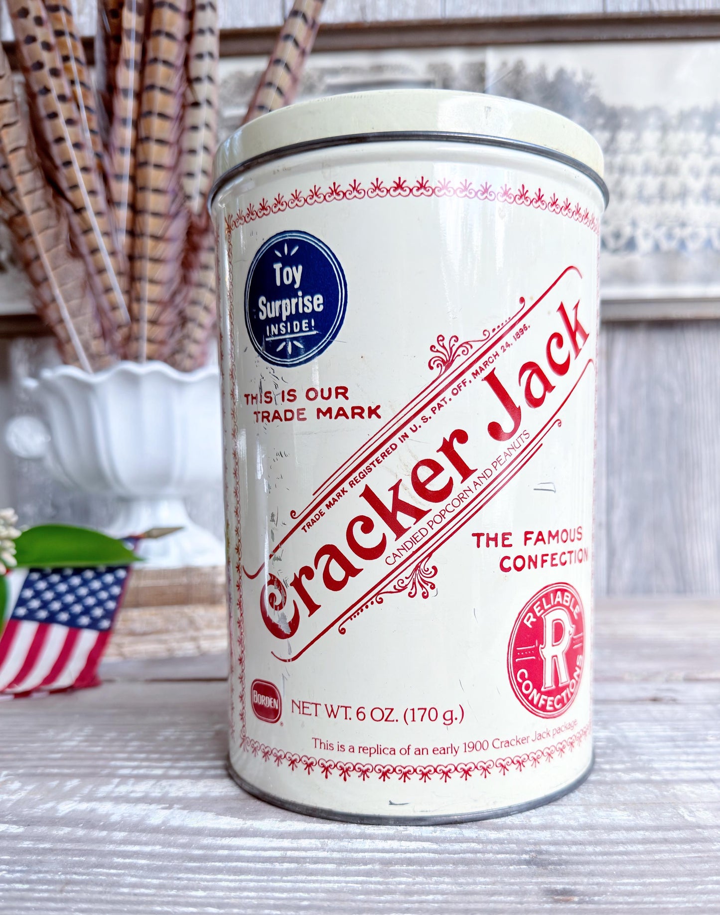 Vintage CRACKER JACK Tin Can Red White Blue Farmhouse Americana