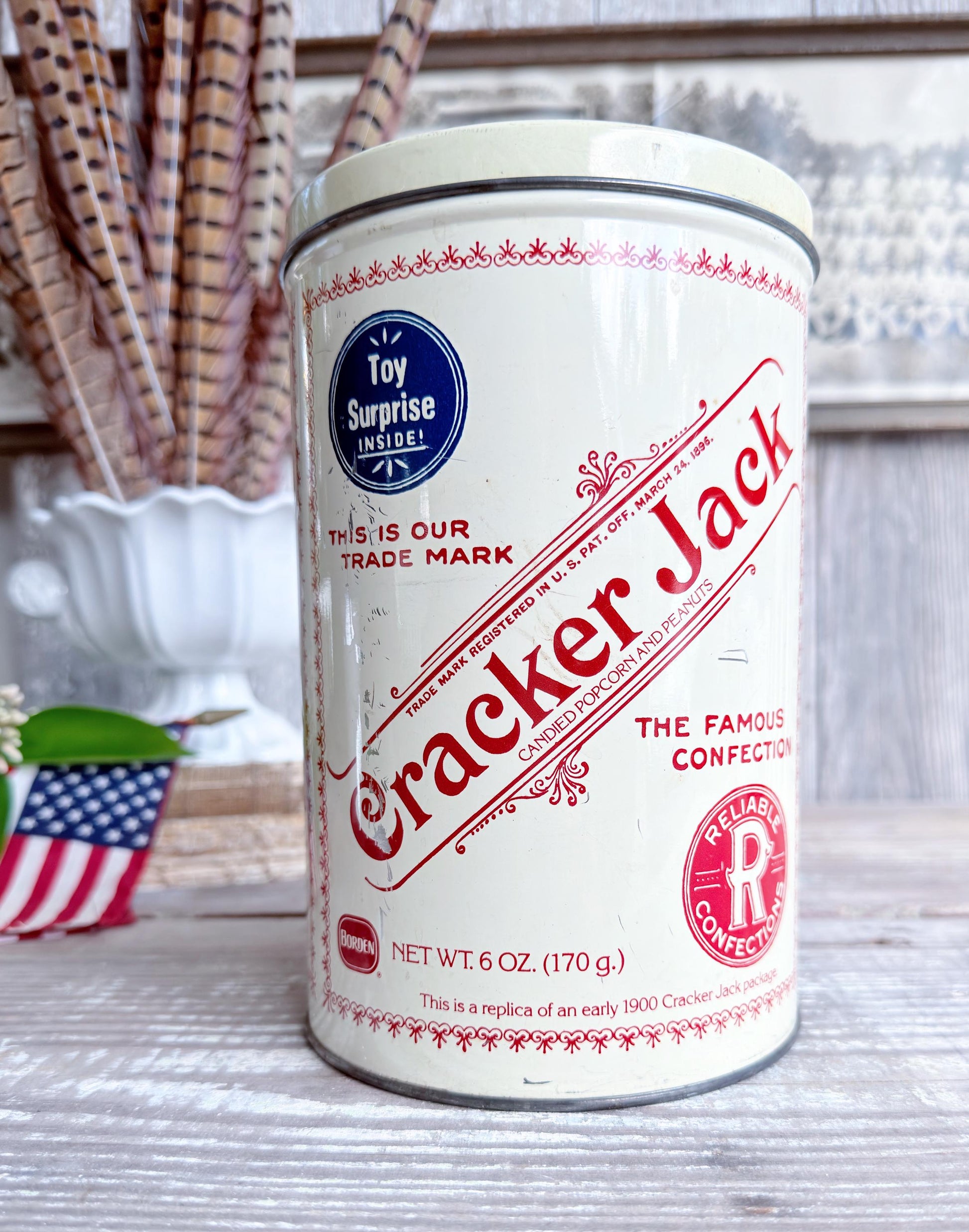 Vintage CRACKER JACK Tin Can Red White Blue Farmhouse Americana