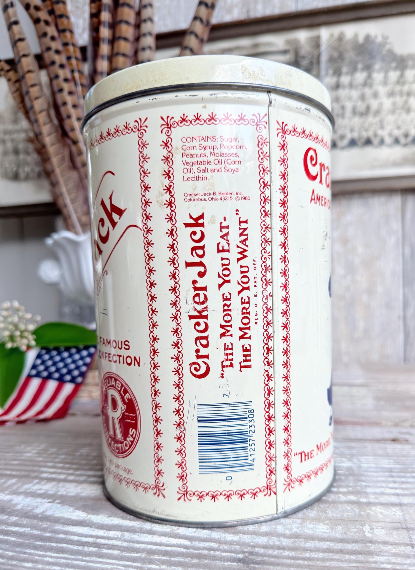 Vintage CRACKER JACK Tin Can Red White Blue Farmhouse Americana