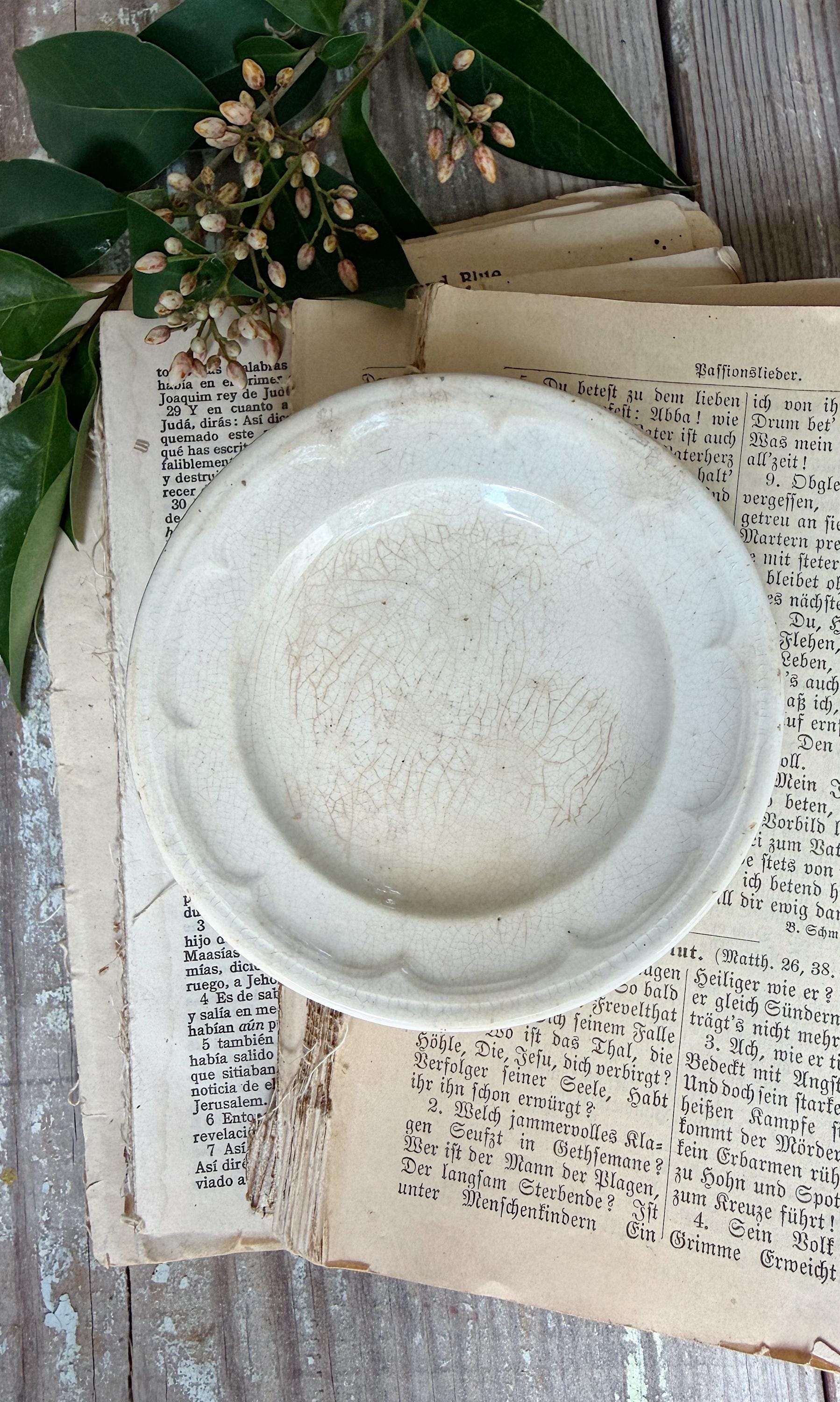 Antique White Ironstone PLATE Soap Side Dish Farmhouse Crazed Stained