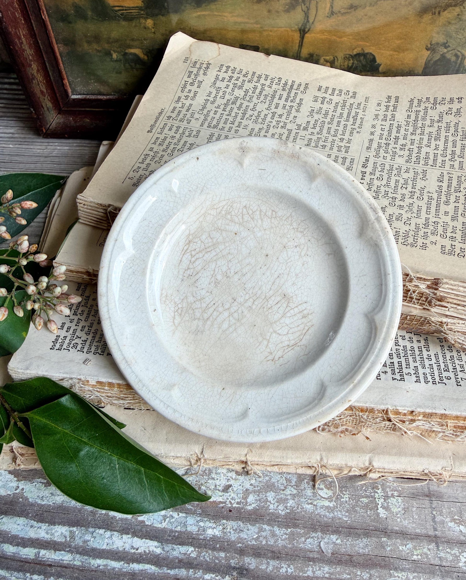 Antique White Ironstone PLATE Soap Side Dish Farmhouse Crazed Stained
