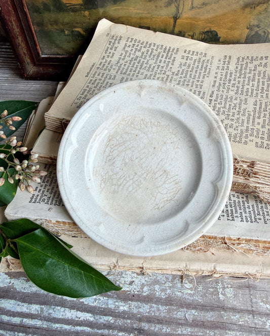 Antique White Ironstone PLATE Soap Side Dish Farmhouse Crazed Stained