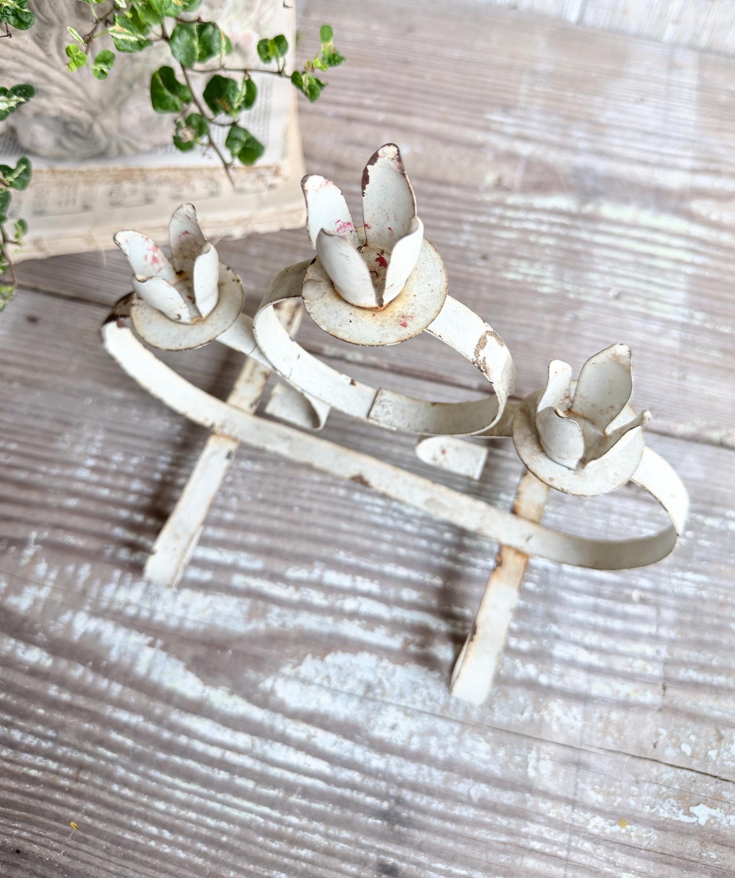 Vintage Chippy White Metal Candelabra Farmhouse Shabby Candle Holder