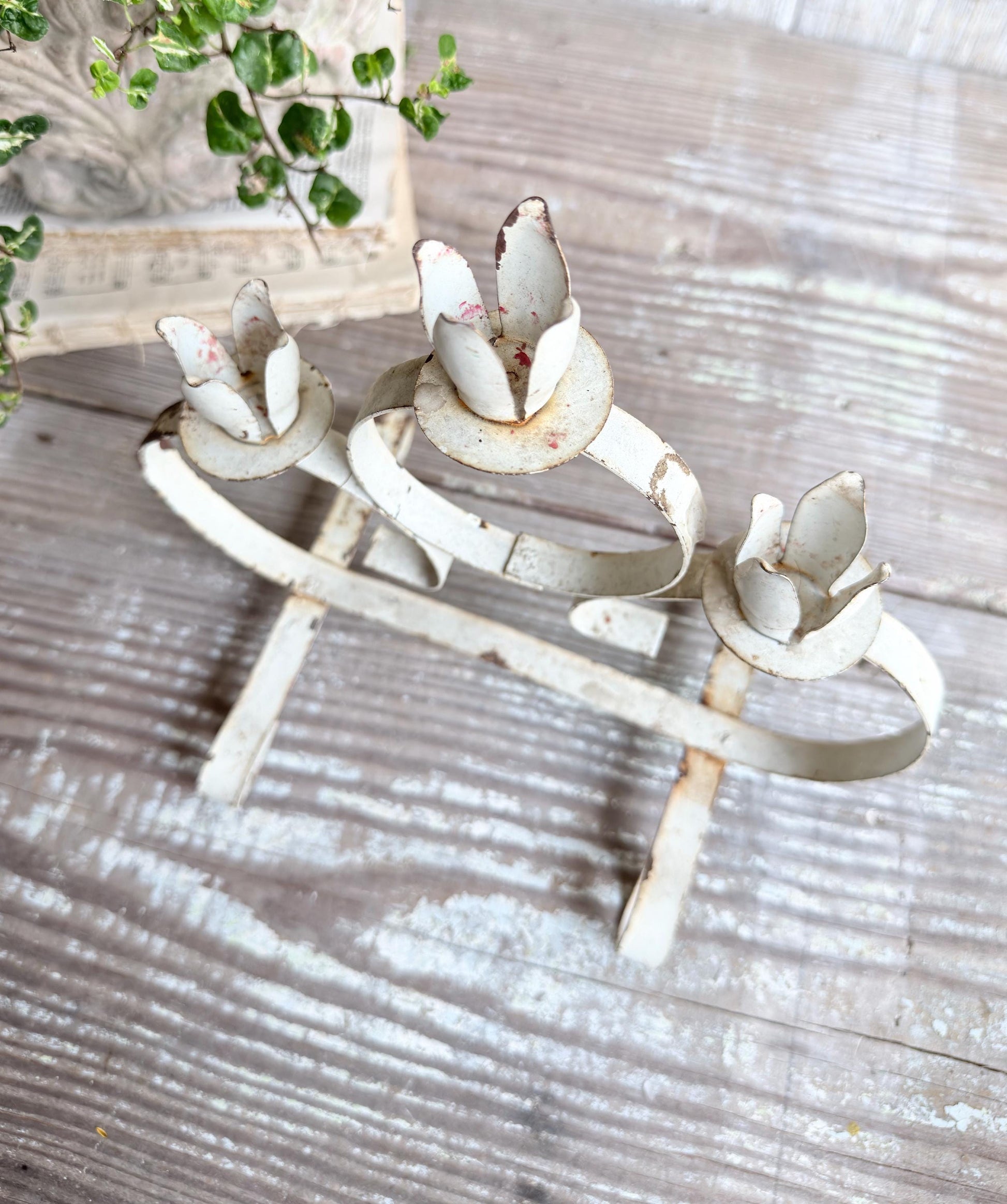 Vintage Chippy White Metal Candelabra Farmhouse Shabby Candle Holder