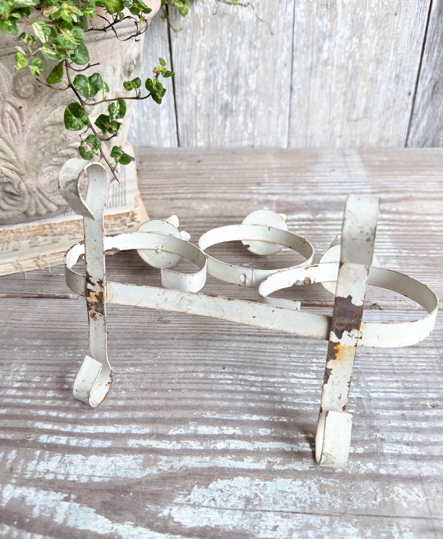 Vintage Chippy White Metal Candelabra Farmhouse Shabby Candle Holder