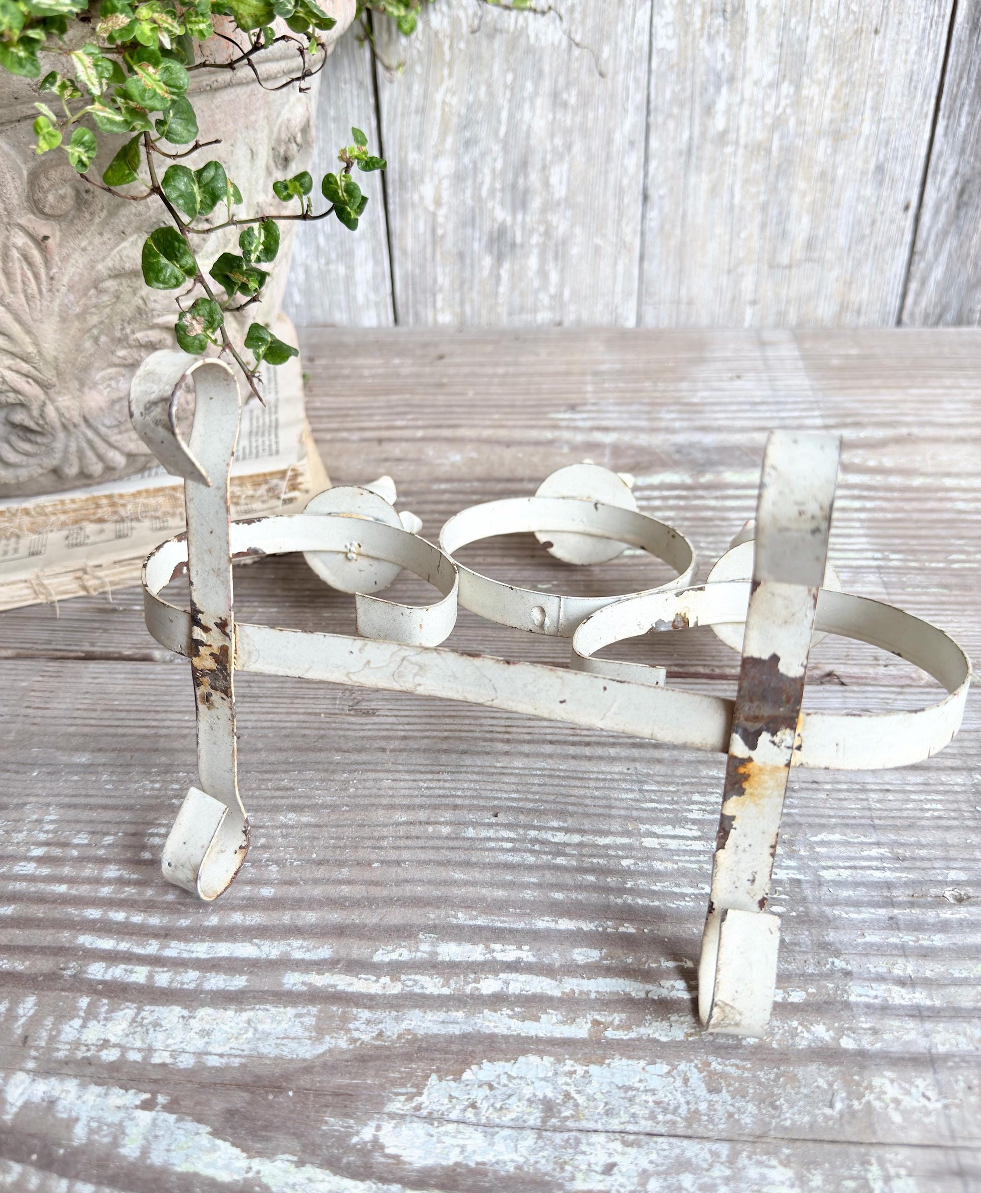 Vintage Chippy White Metal Candelabra Farmhouse Shabby Candle Holder
