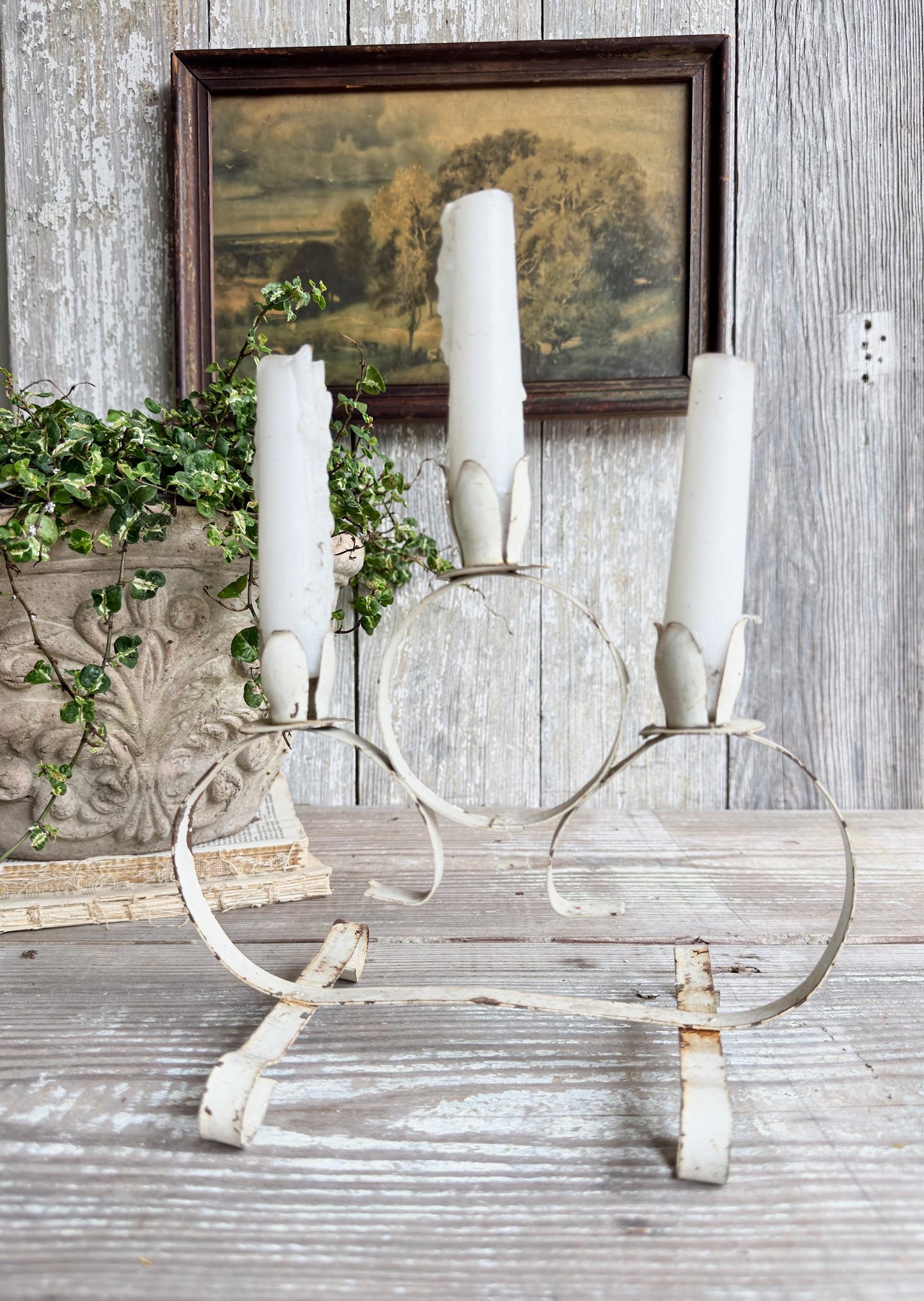 Vintage Chippy White Metal Candelabra Farmhouse Shabby Candle Holder