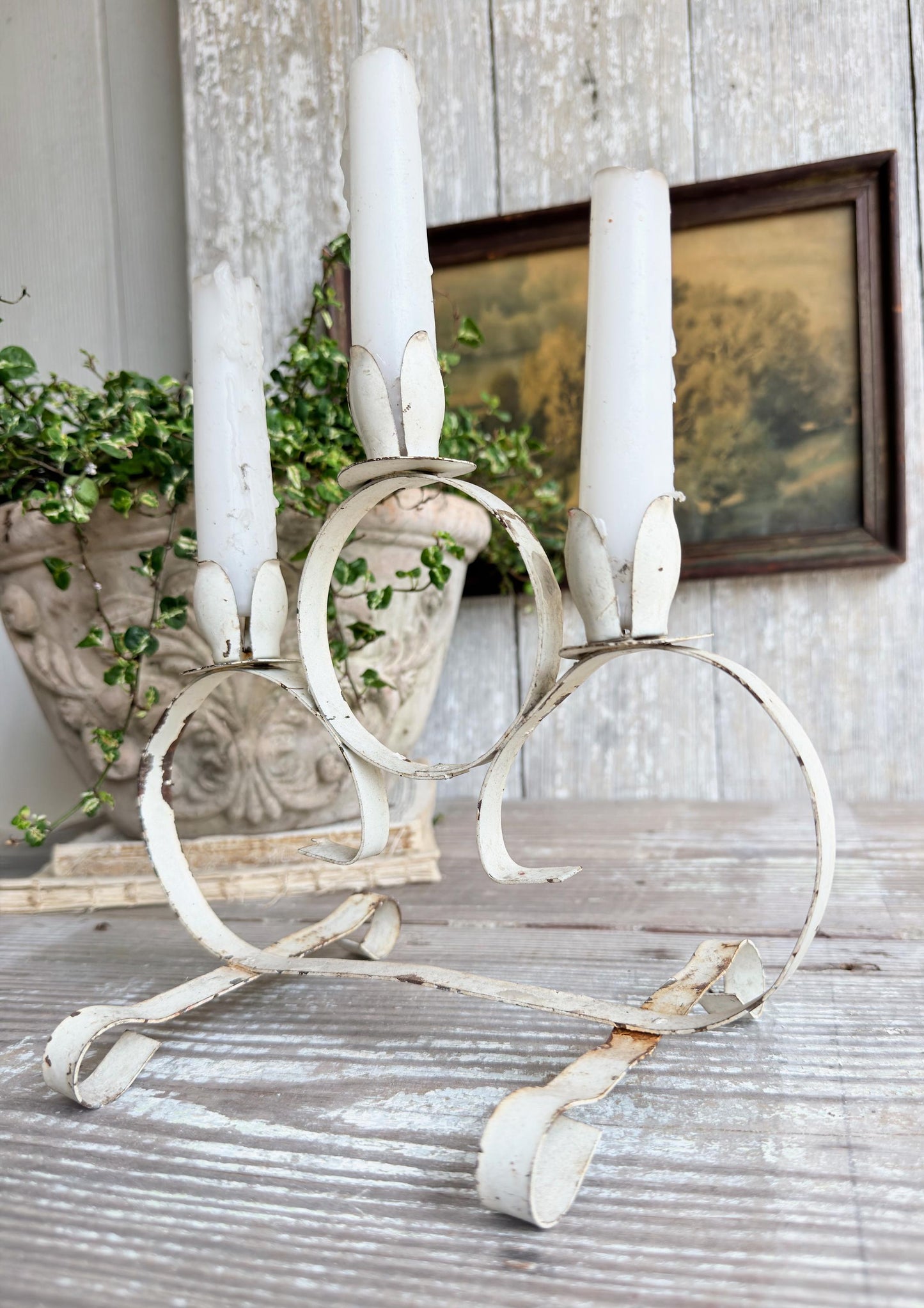 Vintage Chippy White Metal Candelabra Farmhouse Shabby Candle Holder