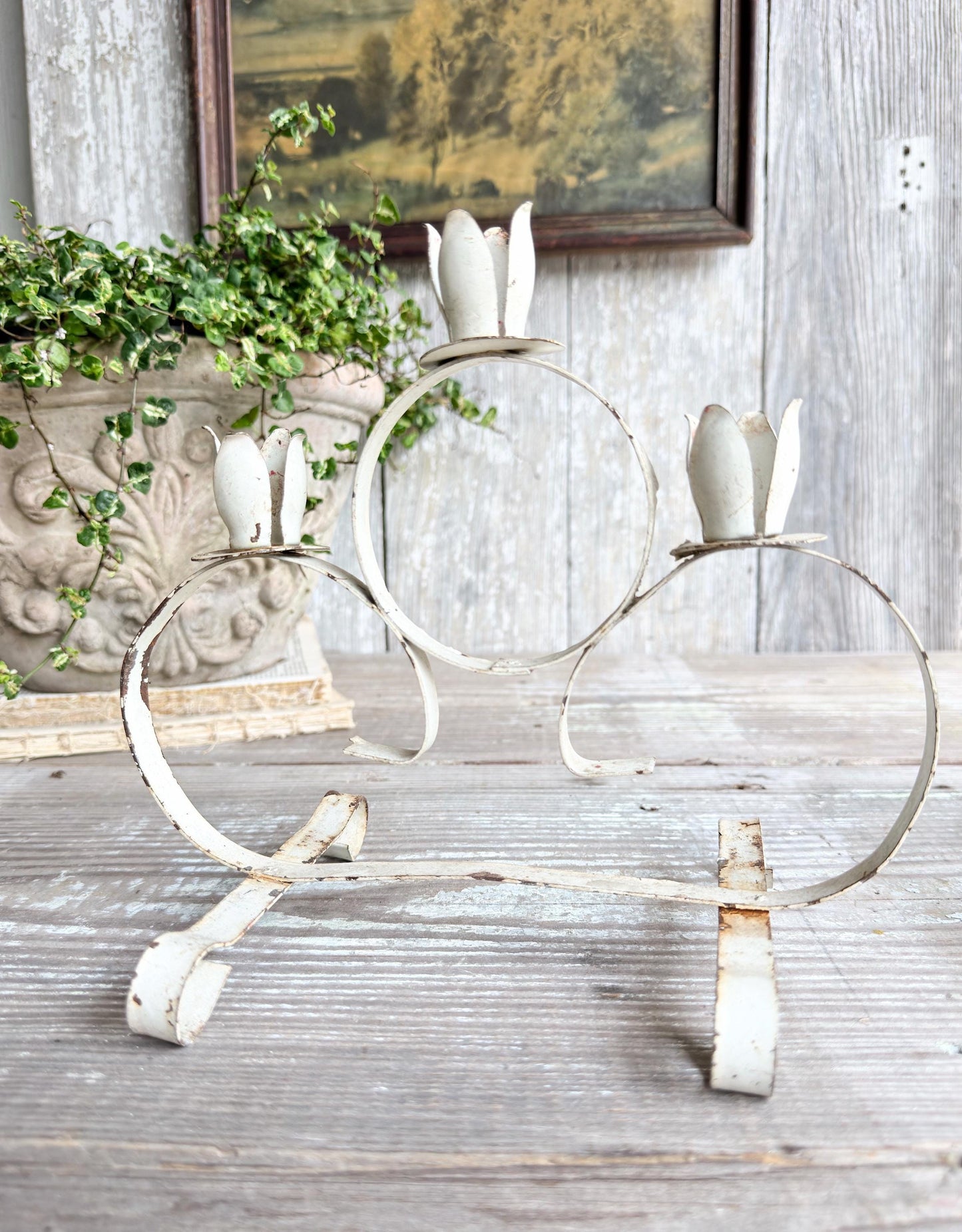 Vintage Chippy White Metal Candelabra Farmhouse Shabby Candle Holder