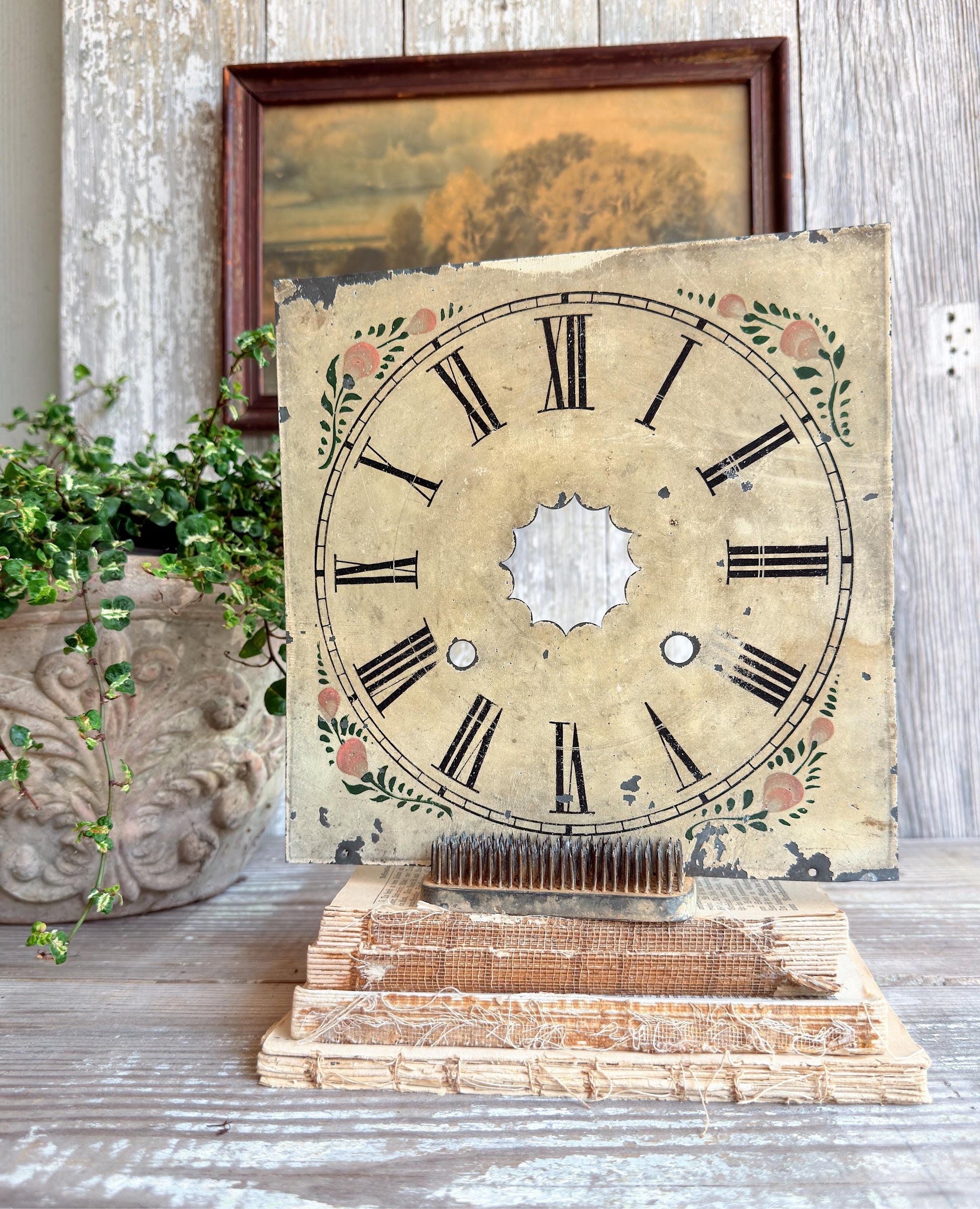 Antique Clock Face Metal Painted Dial FLOWERS Folk Art Primitive Farmhouse