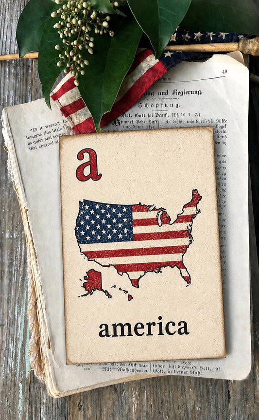 AMERICA MAP Flash Card Vintage Americana Decor Patriotic Fourth July Party
