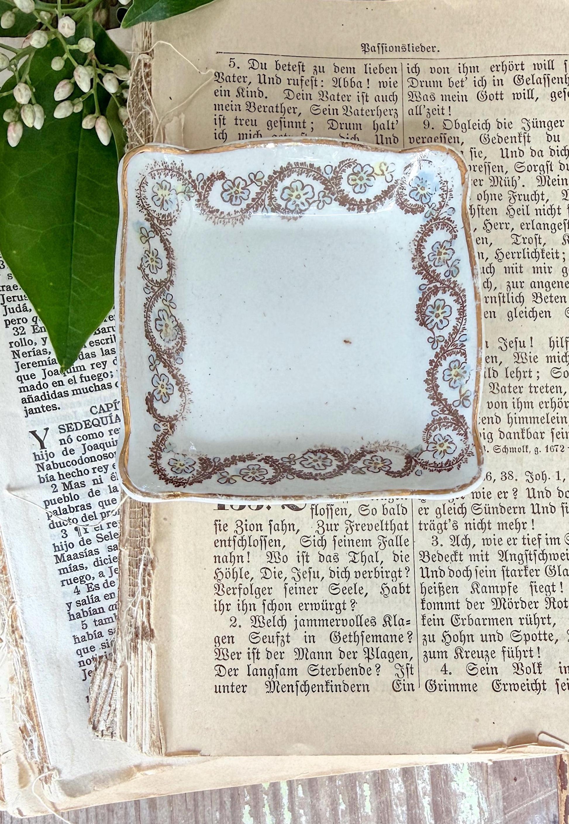 Antique SQUARE White Ironstone Butter Pat Transferware Floral Farmhouse Decor