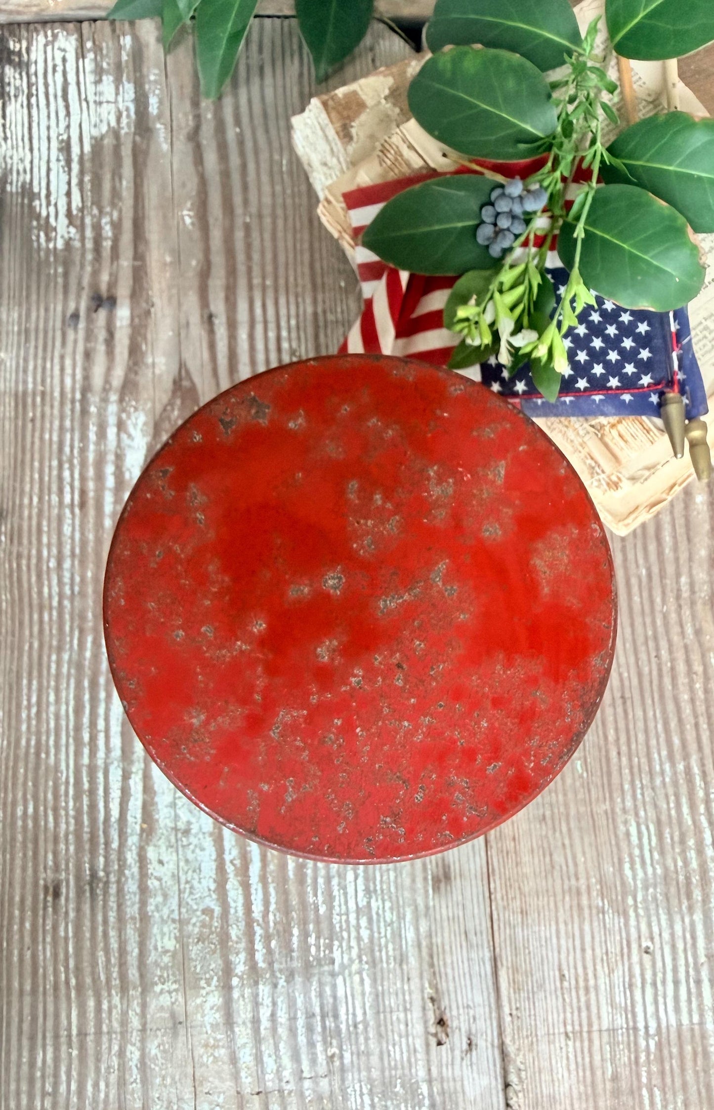 Vintage CRACKER JACK Tin Can Red White Blue Farmhouse Americana Decor Rare Red Lid