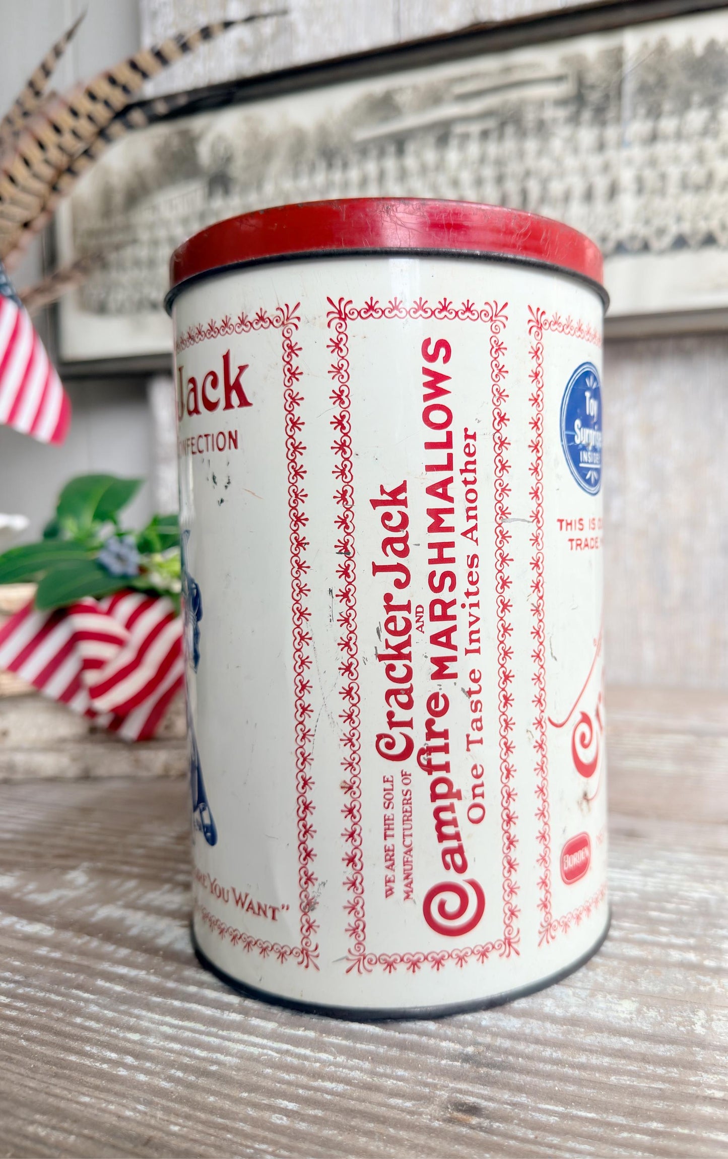 Vintage CRACKER JACK Tin Can Red White Blue Farmhouse Americana Decor Rare Red Lid
