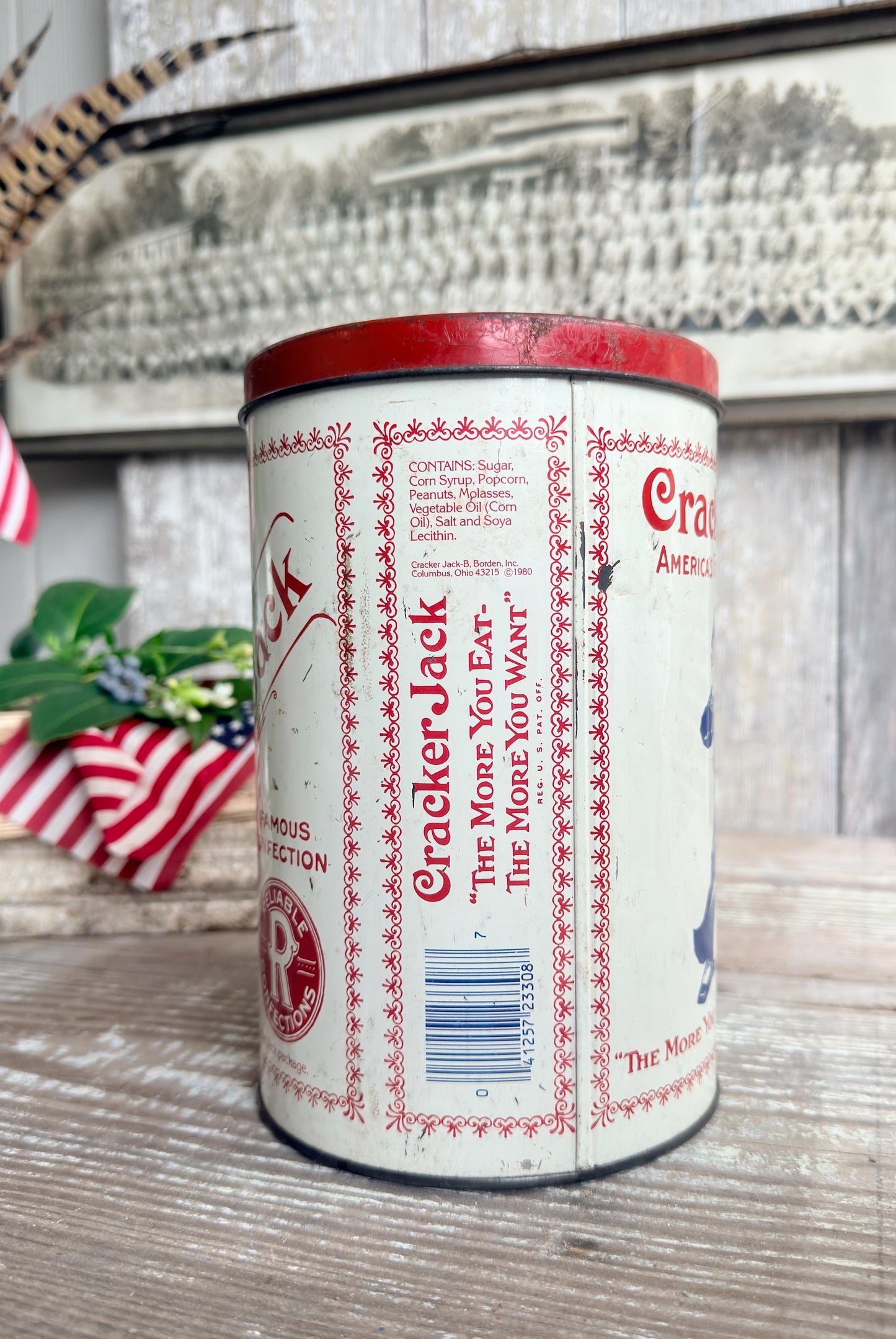 Vintage CRACKER JACK Tin Can Red White Blue Farmhouse Americana Decor Rare Red Lid