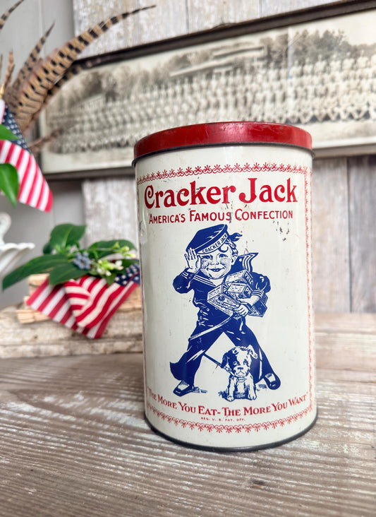 Vintage CRACKER JACK Tin Can Red White Blue Farmhouse Americana Decor Rare Red Lid