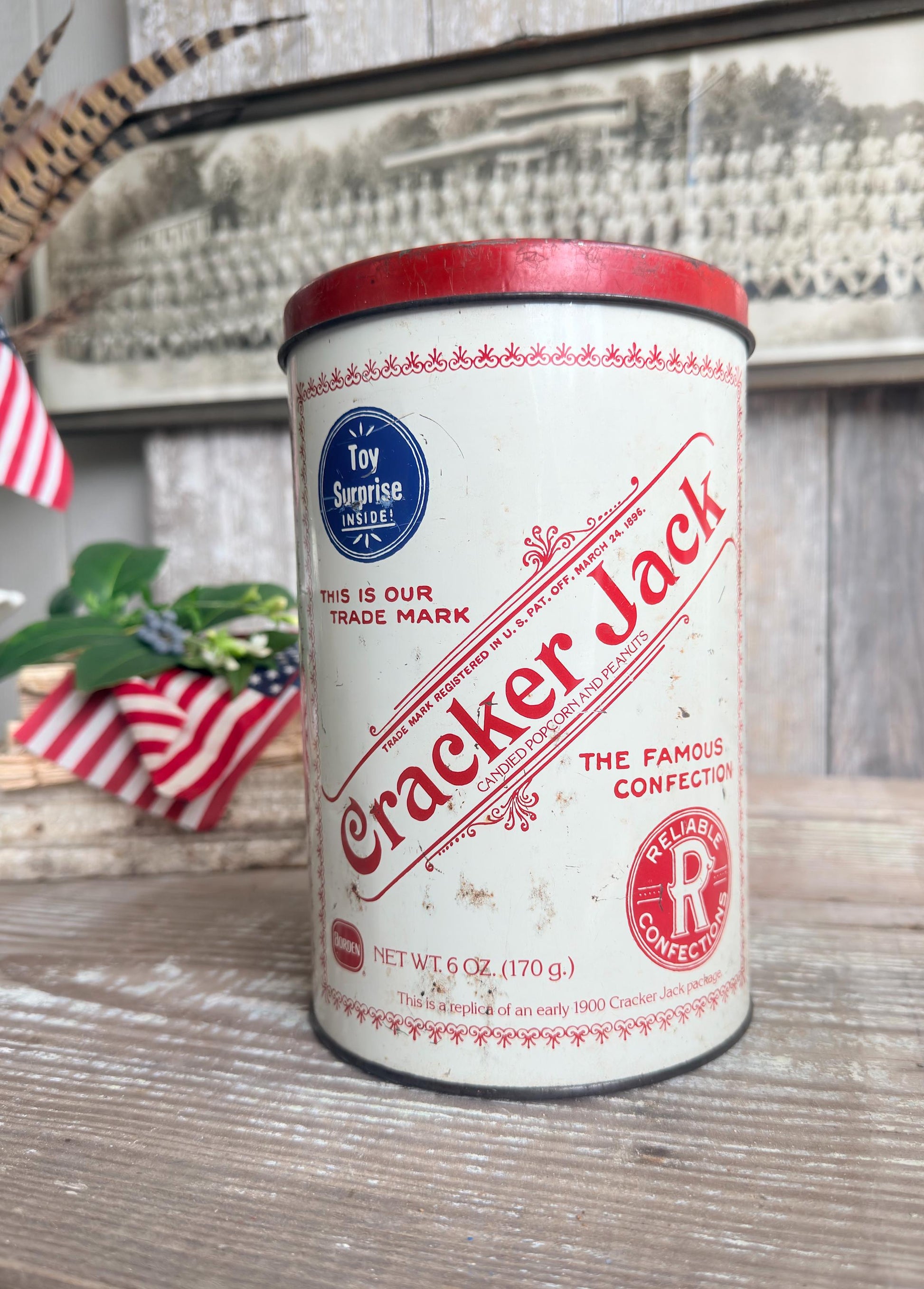Vintage CRACKER JACK Tin Can Red White Blue Farmhouse Americana Decor Rare Red Lid