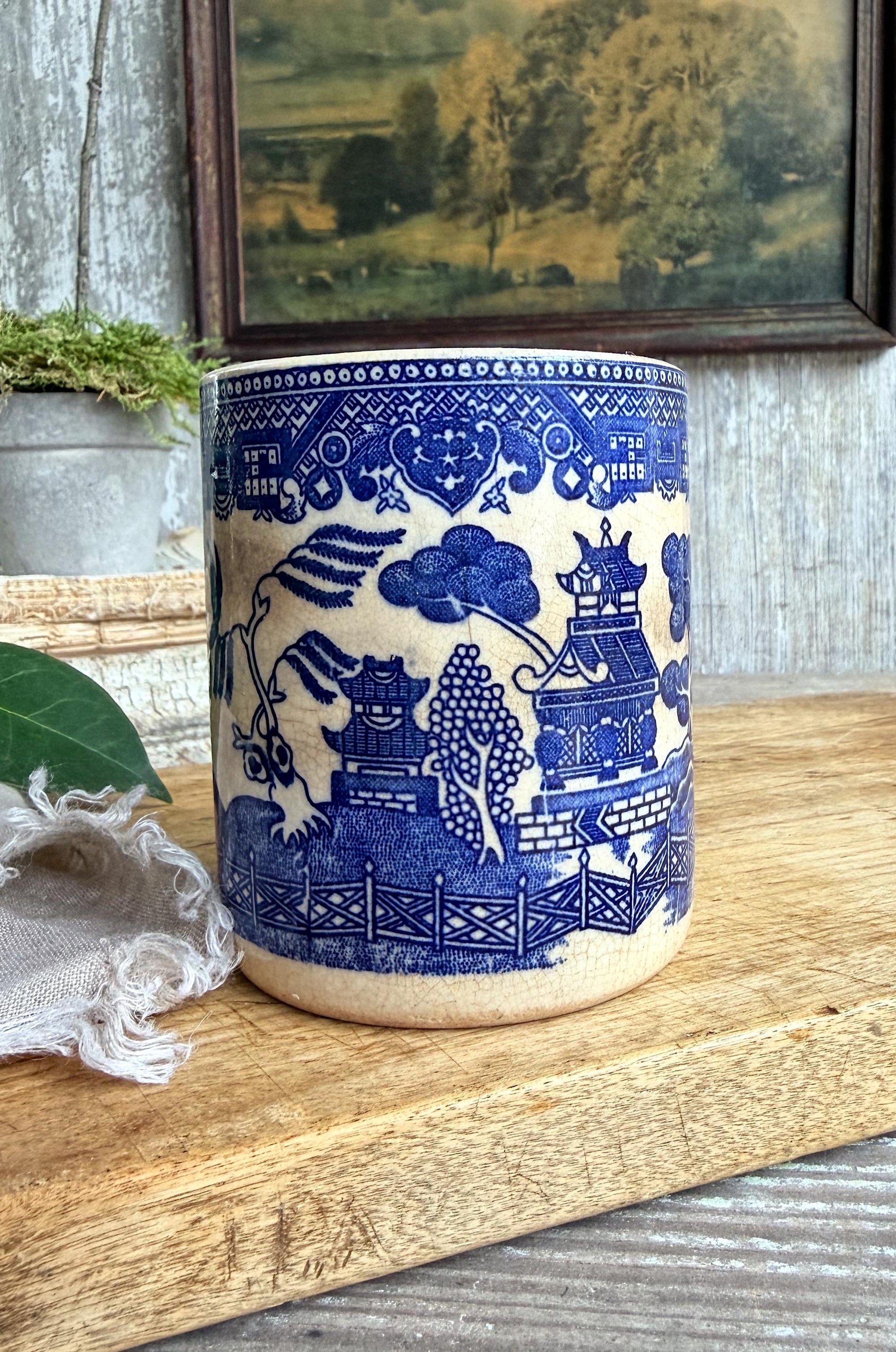 Antique White Ironstone Coffee Cups, Blue Willow Transferware JAPAN