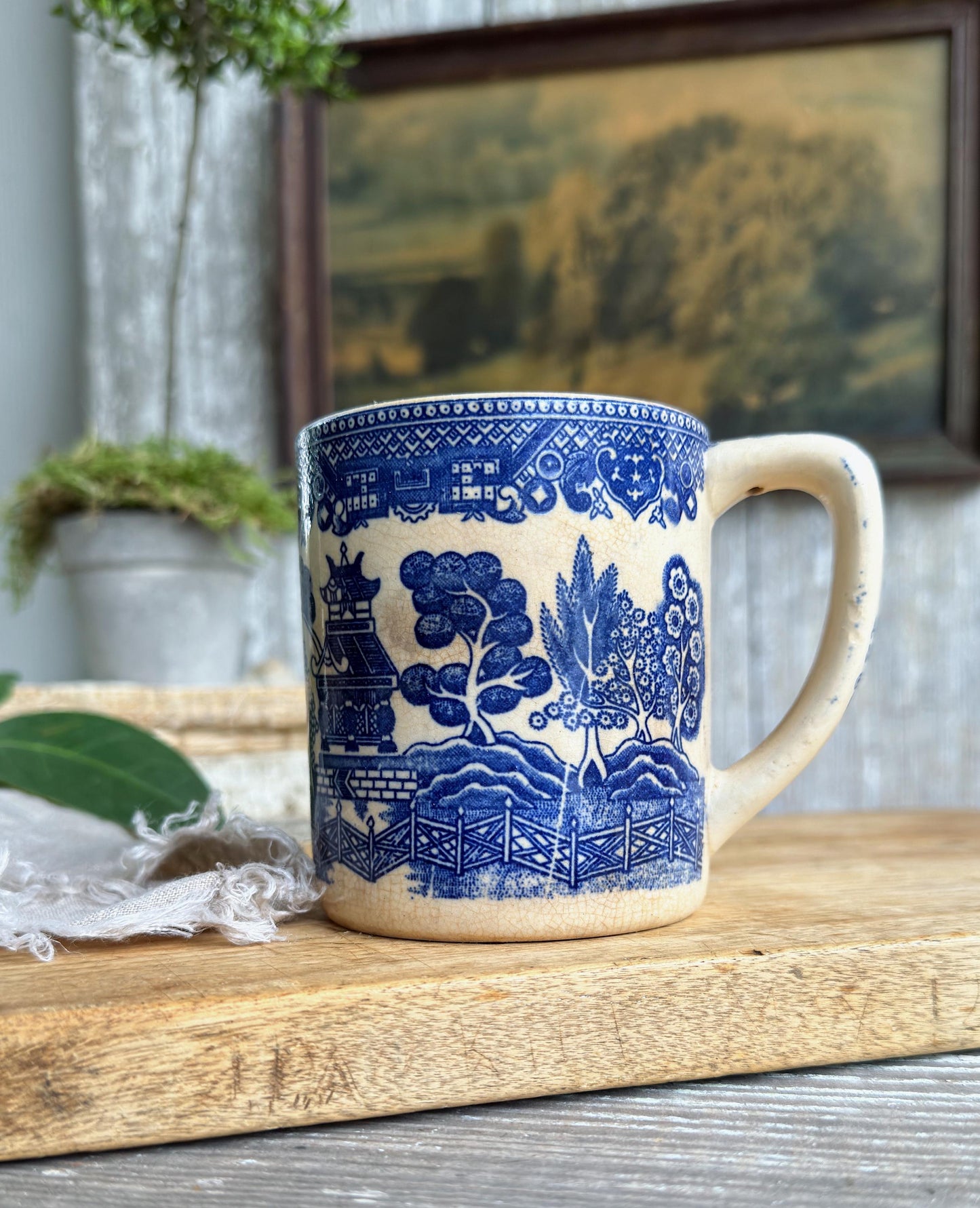 Antique White Ironstone Coffee Cups, Blue Willow Transferware JAPAN