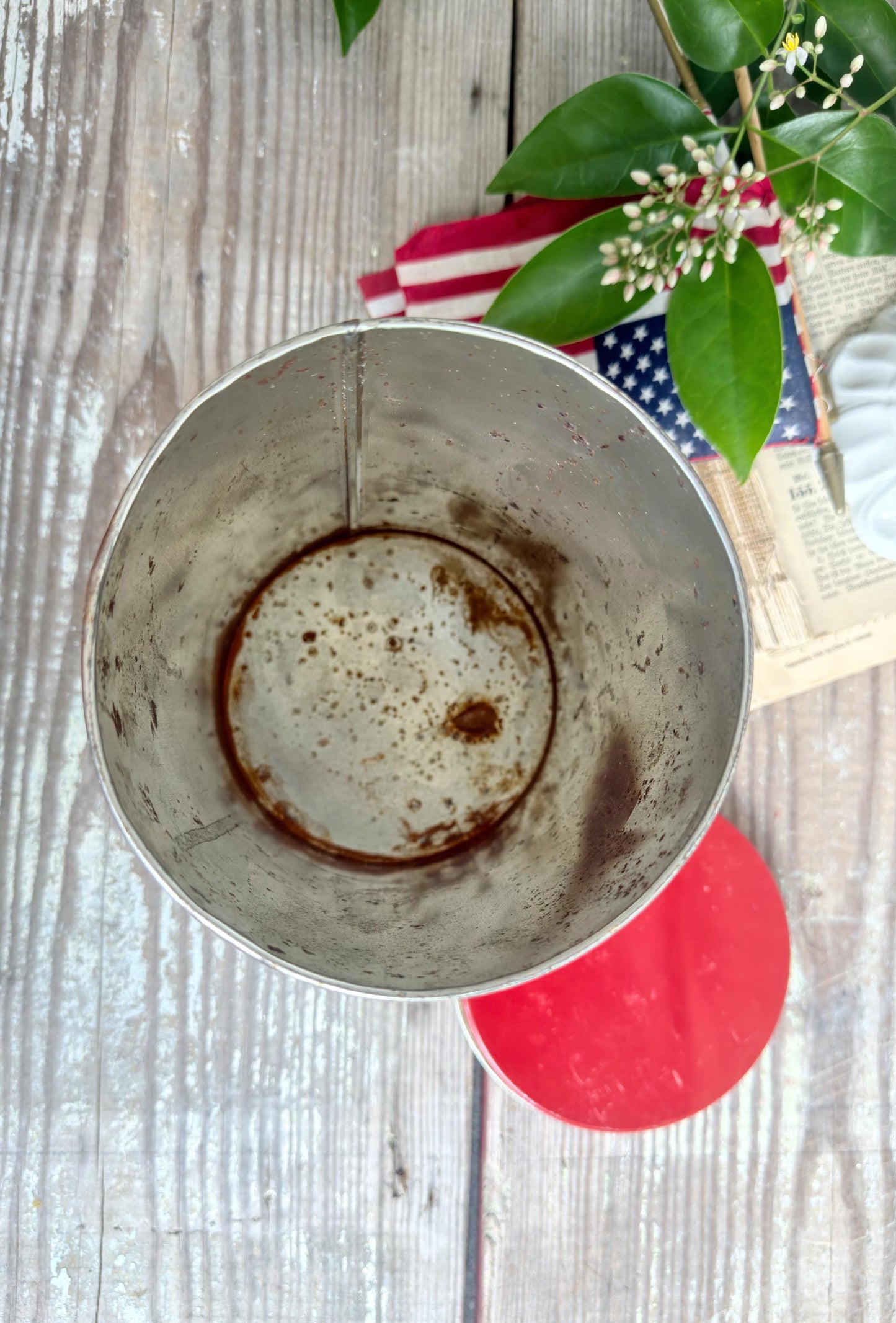 Vintage CRACKER JACK Tin Can Red White Blue Farmhouse Americana Decor Rare Red Lid