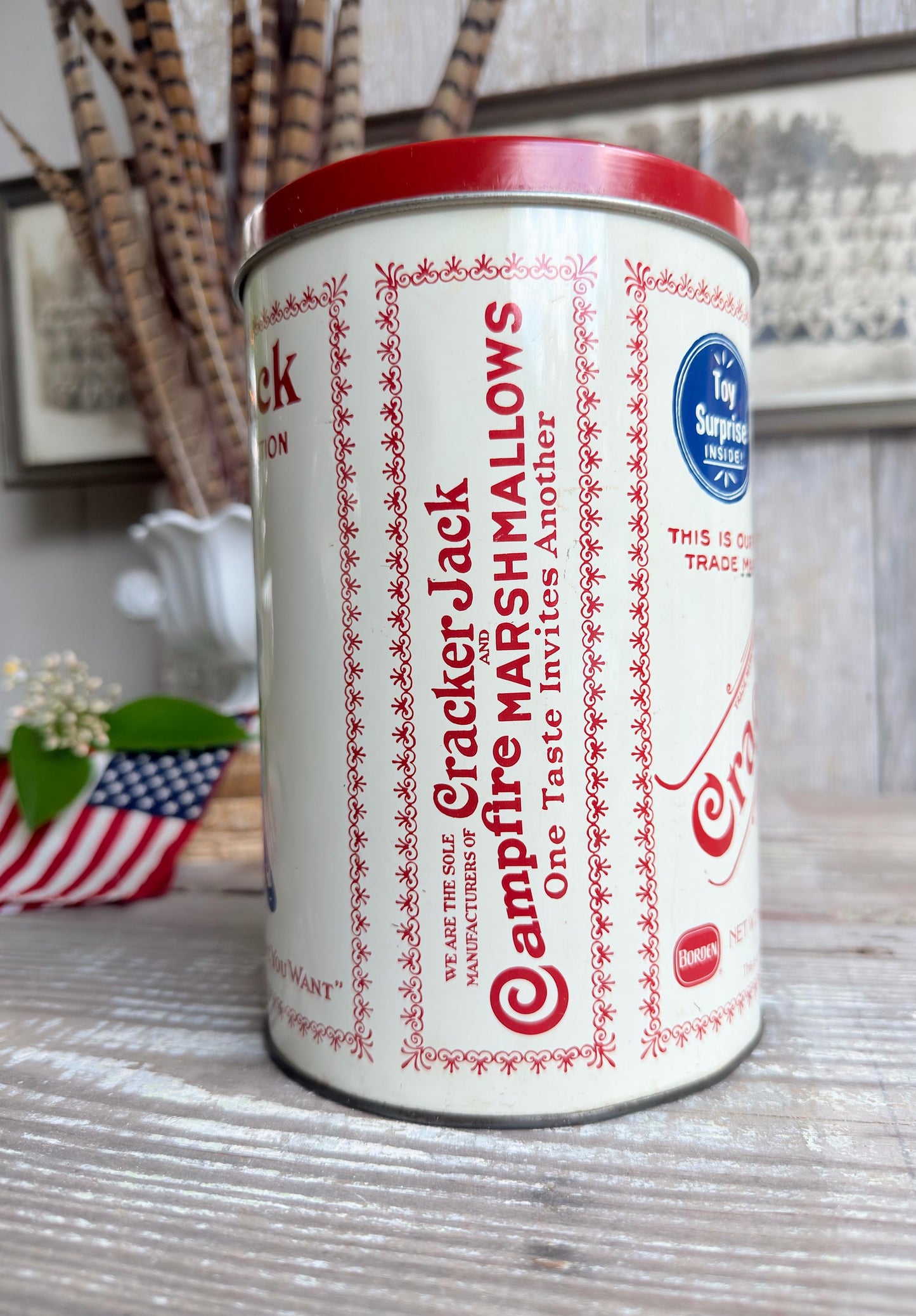 Vintage CRACKER JACK Tin Can Red White Blue Farmhouse Americana Decor Rare Red Lid