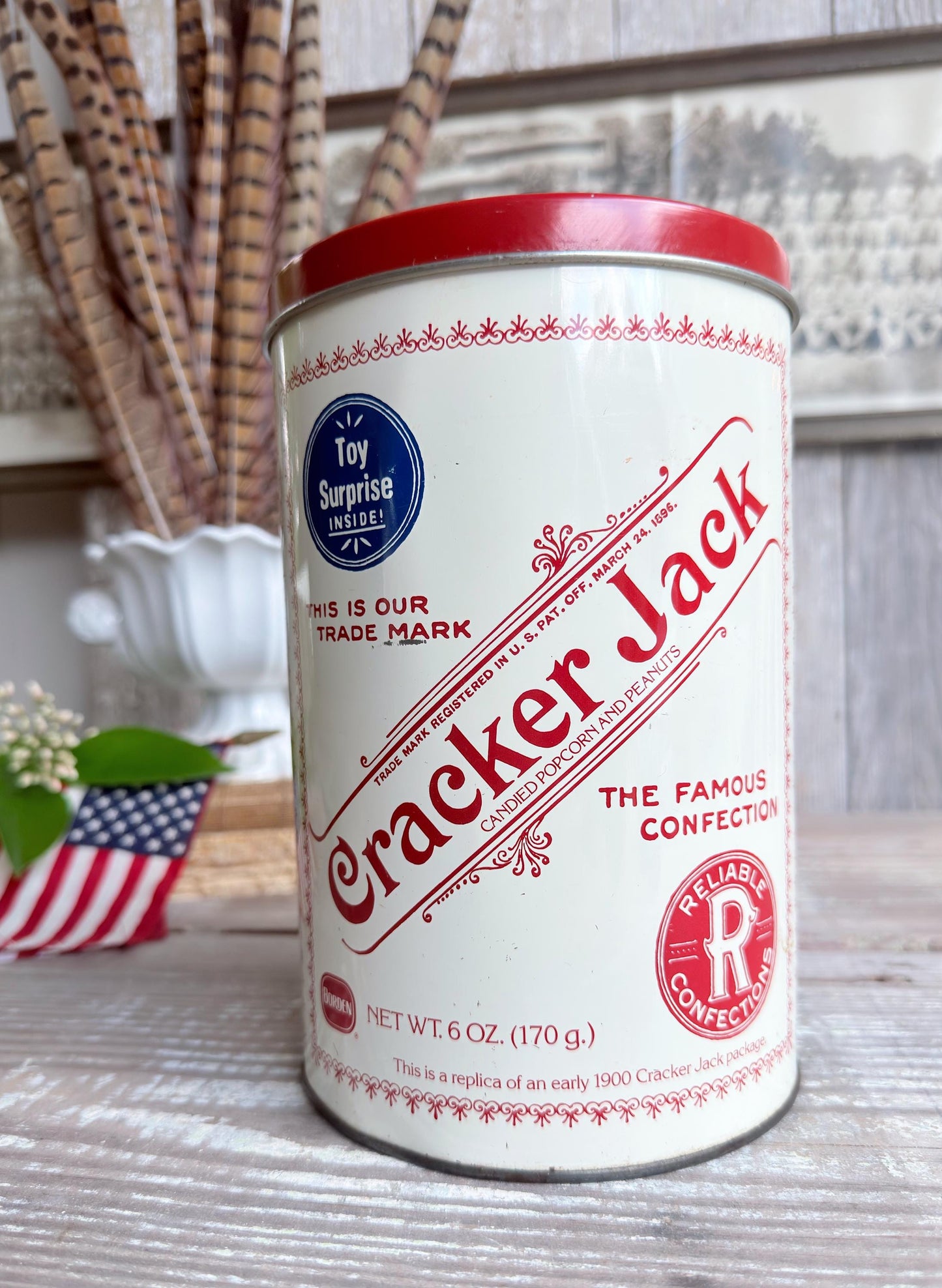 Vintage CRACKER JACK Tin Can Red White Blue Farmhouse Americana Decor Rare Red Lid