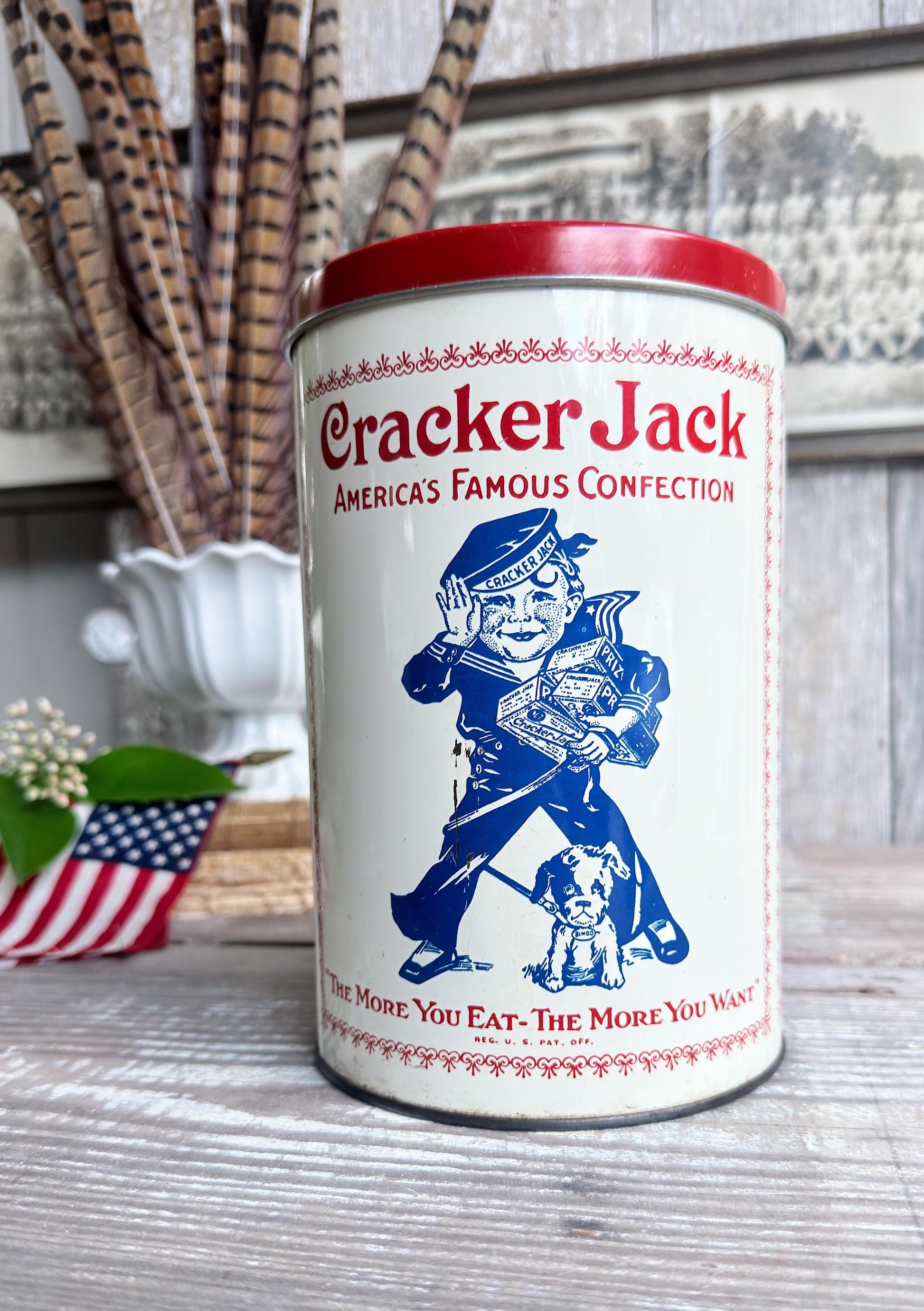 Vintage CRACKER JACK Tin Can Red White Blue Farmhouse Americana Decor Rare Red Lid