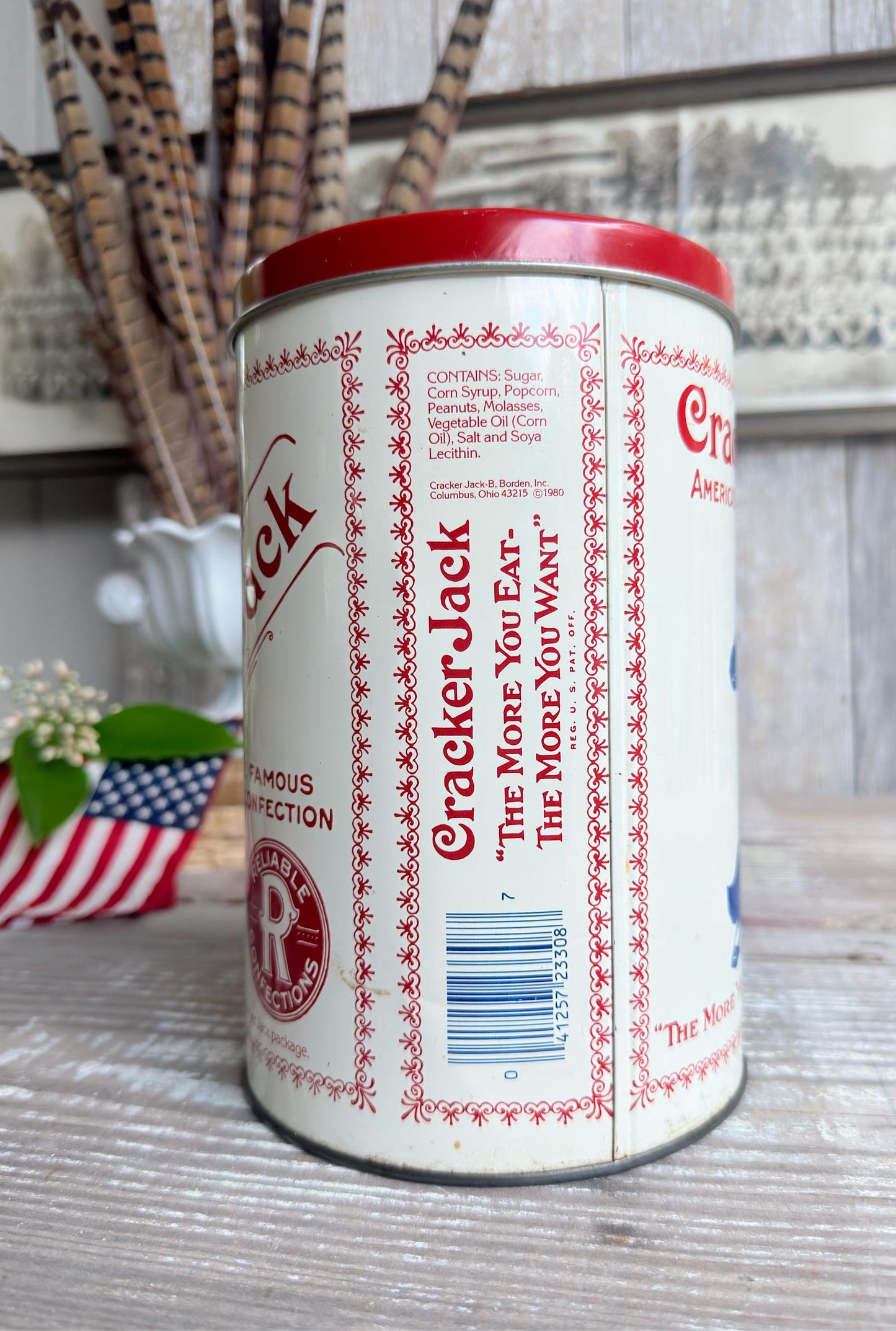 Vintage CRACKER JACK Tin Can Red White Blue Farmhouse Americana Decor Rare Red Lid
