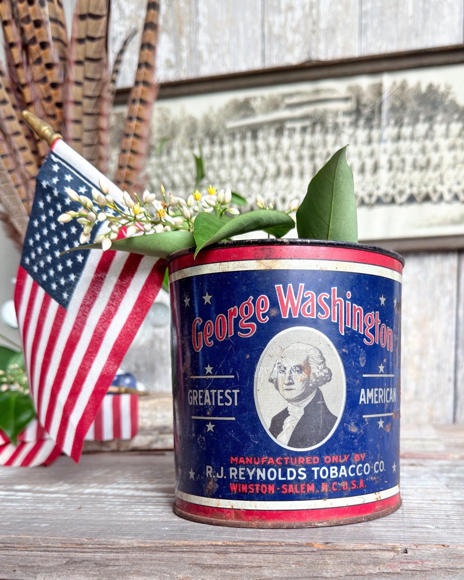 Vintage Washington Tobacco Tin Americana Patriotic Decor Farmhouee Decor