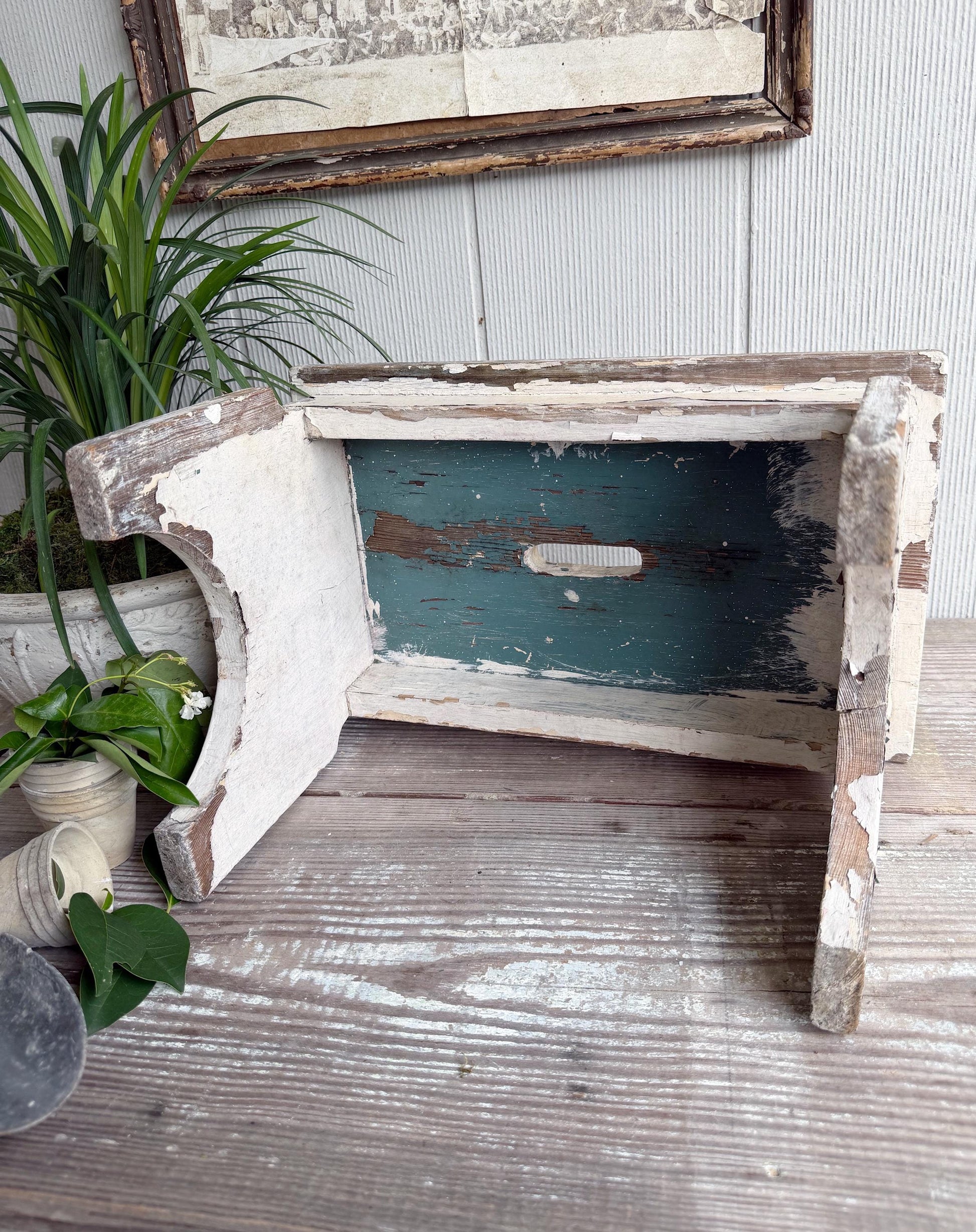 Antique Chippy White Wood Stool Bench, Primitive Farmhouse Garden Decor
