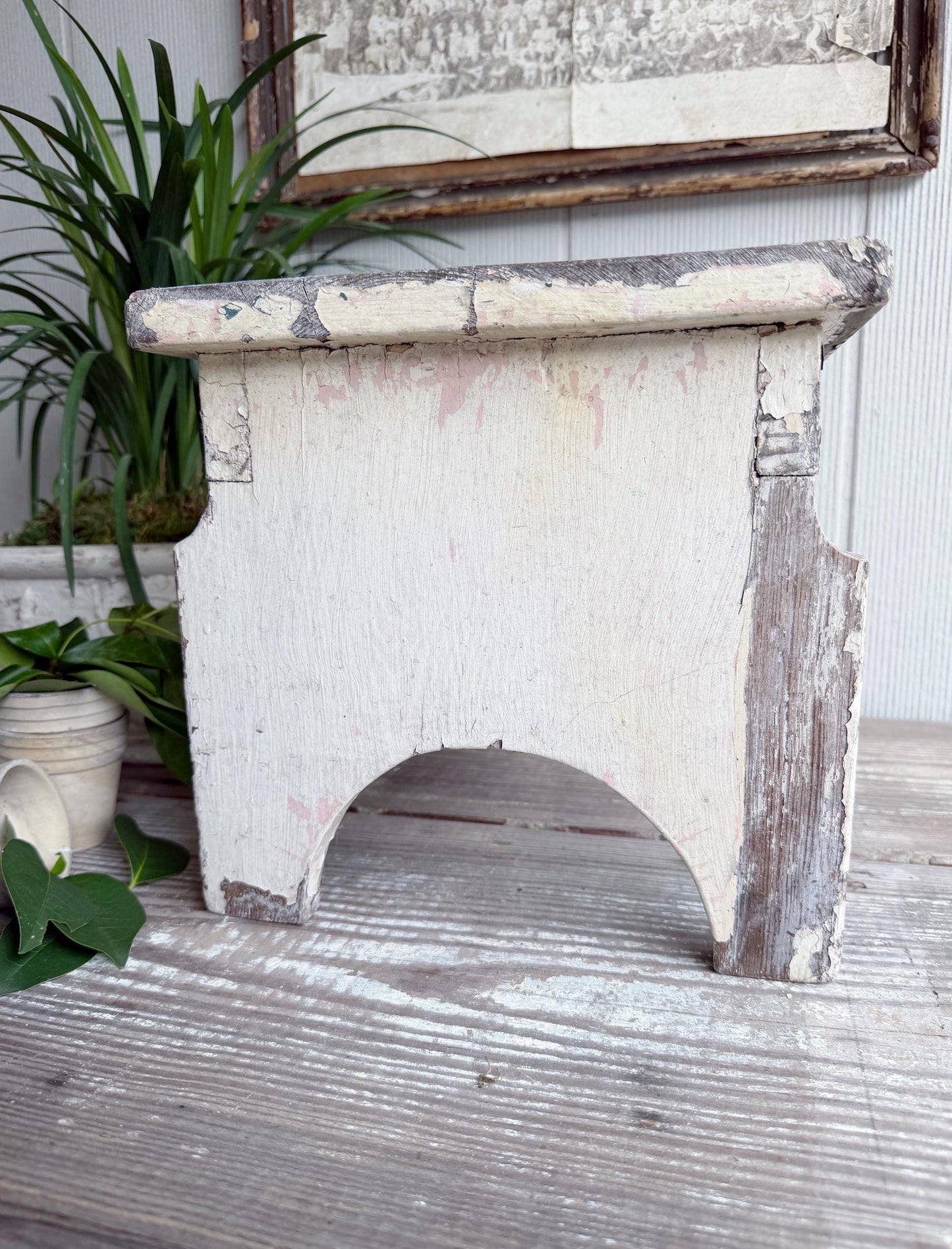 Antique Chippy White Wood Stool Bench, Primitive Farmhouse Garden Decor