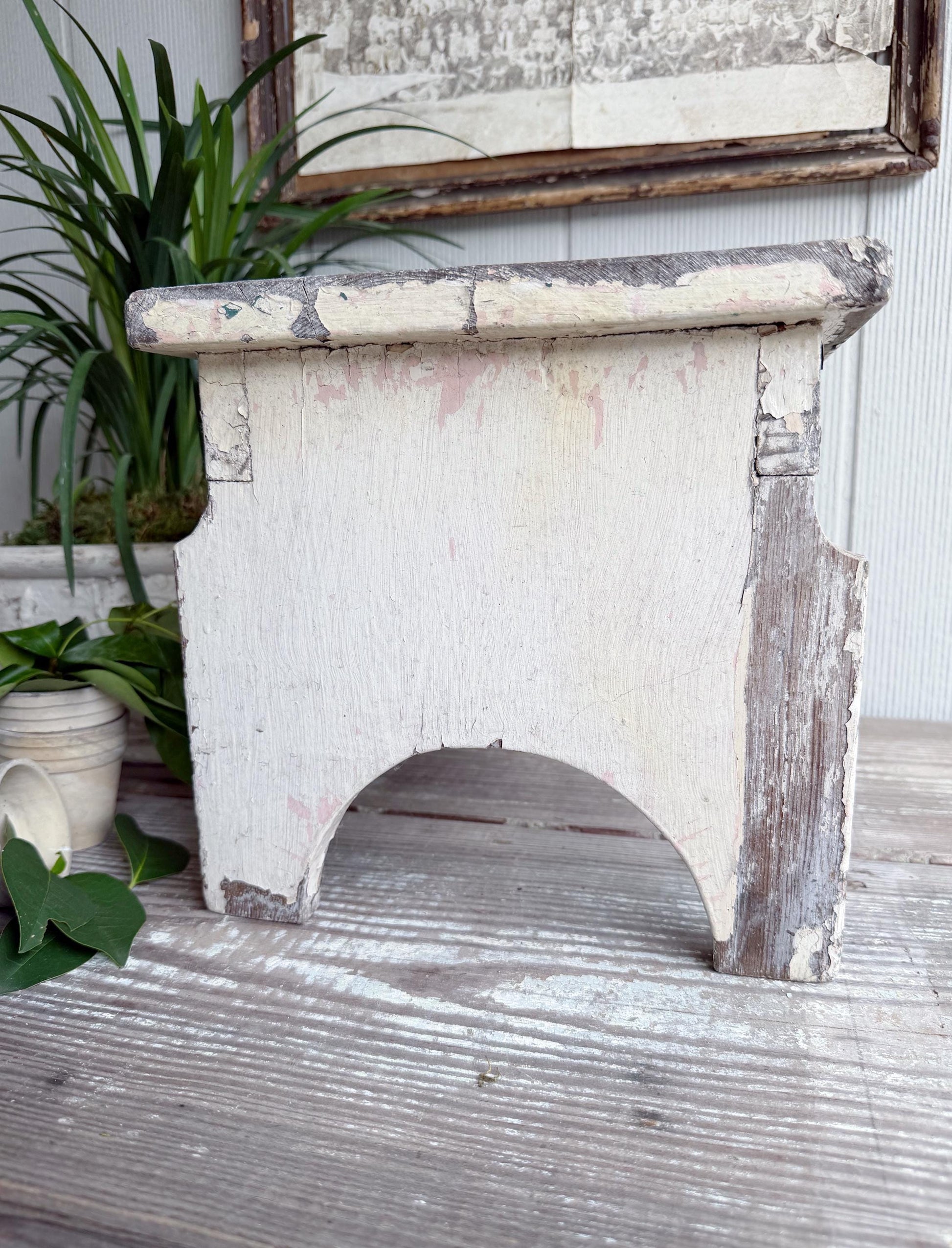 Antique Chippy White Wood Stool Bench, Primitive Farmhouse Garden Decor