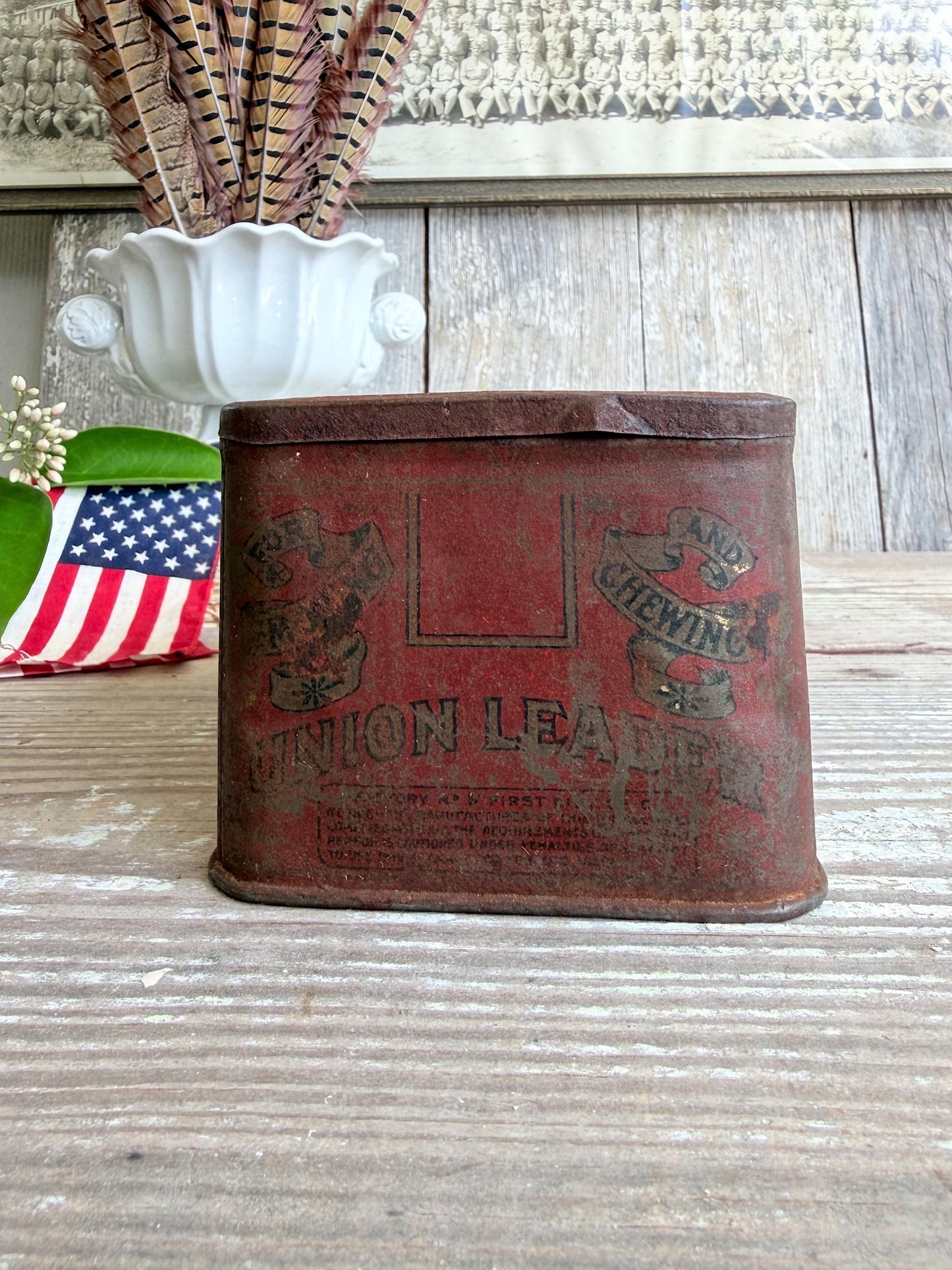 Antique UNION LEADER Tobacco Tin Box EAGLE With Lid Americana Decor