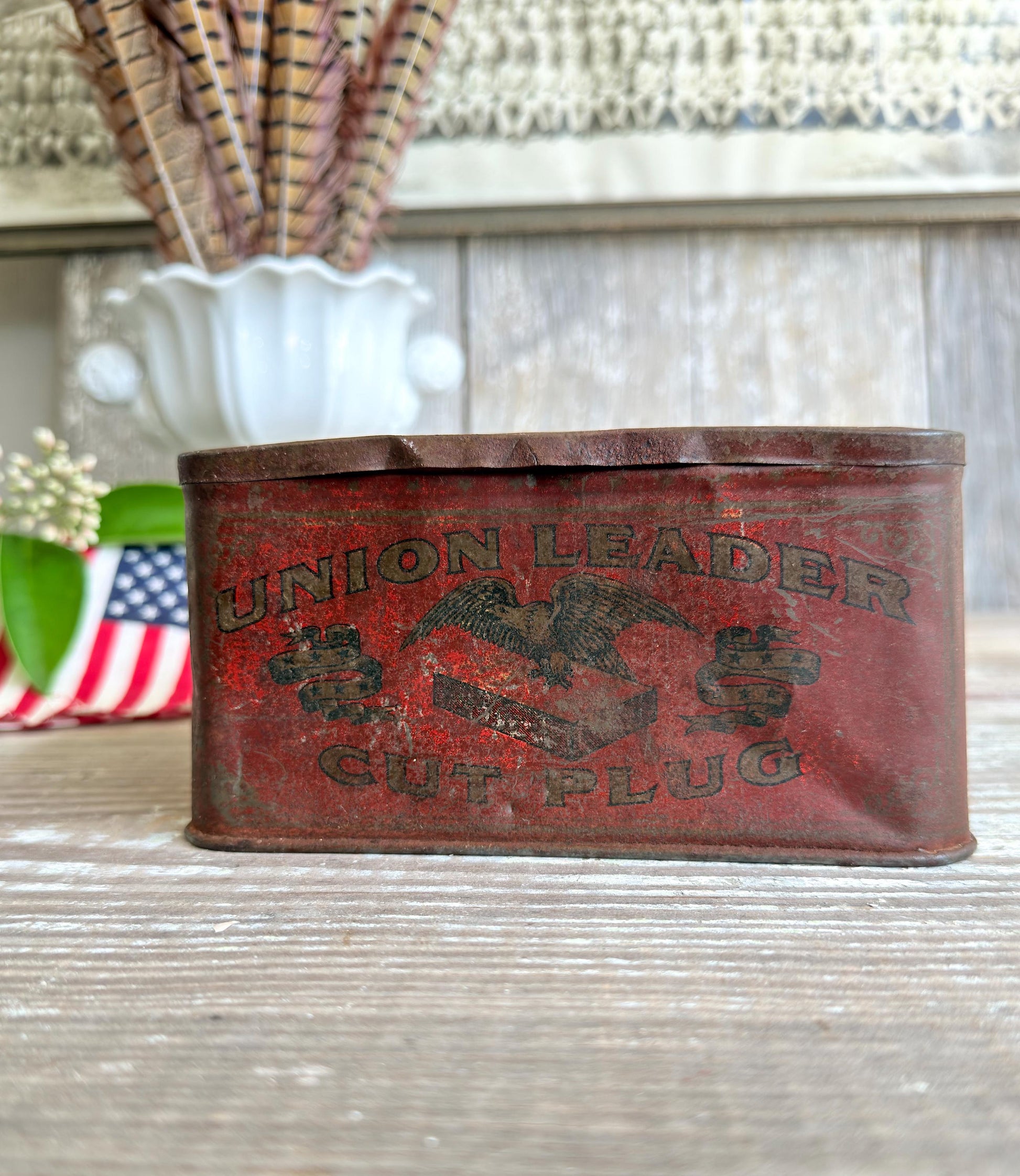 Antique UNION LEADER Tobacco Tin Box EAGLE With Lid Americana Decor