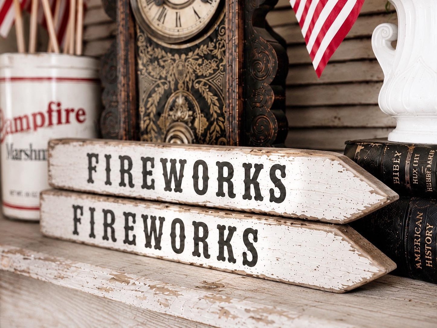 FIREWORKS Wood Arrow Sign Vintage White Chippy Americana Farmhouse Decor