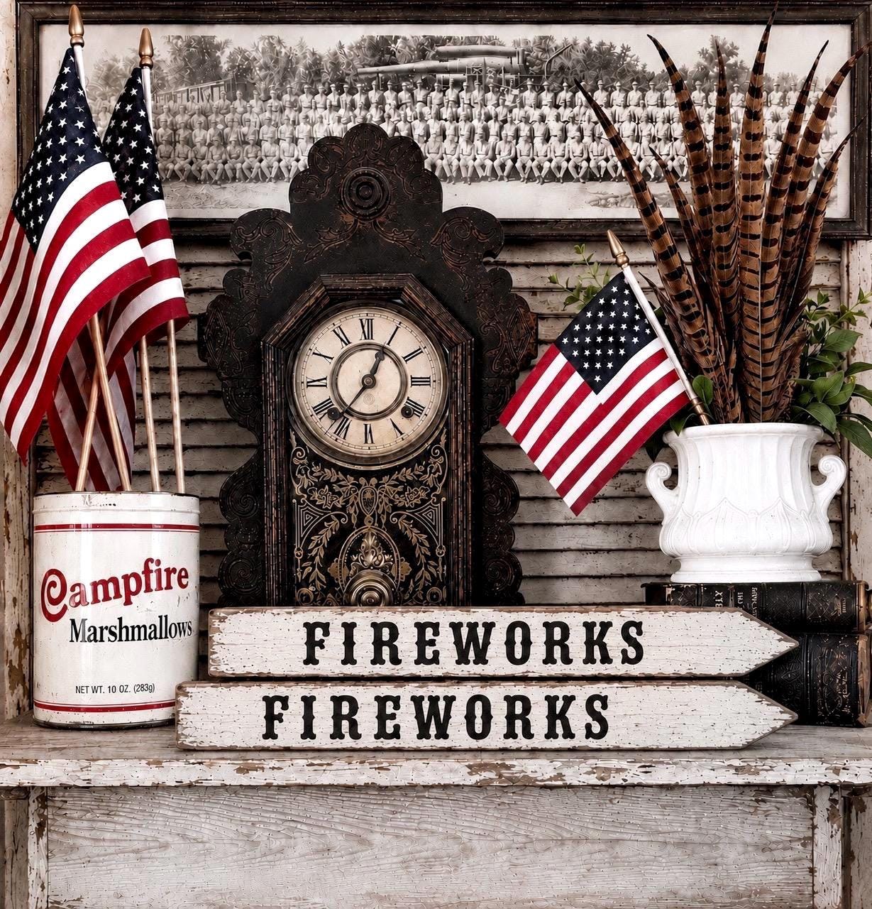 FIREWORKS Wood Arrow Sign Vintage White Chippy Americana Farmhouse Decor