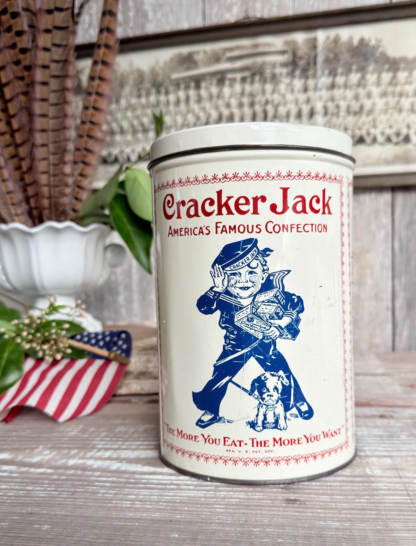 Vintage CRACKER JACK Tin Can Red White Blue Farmhouse Americana