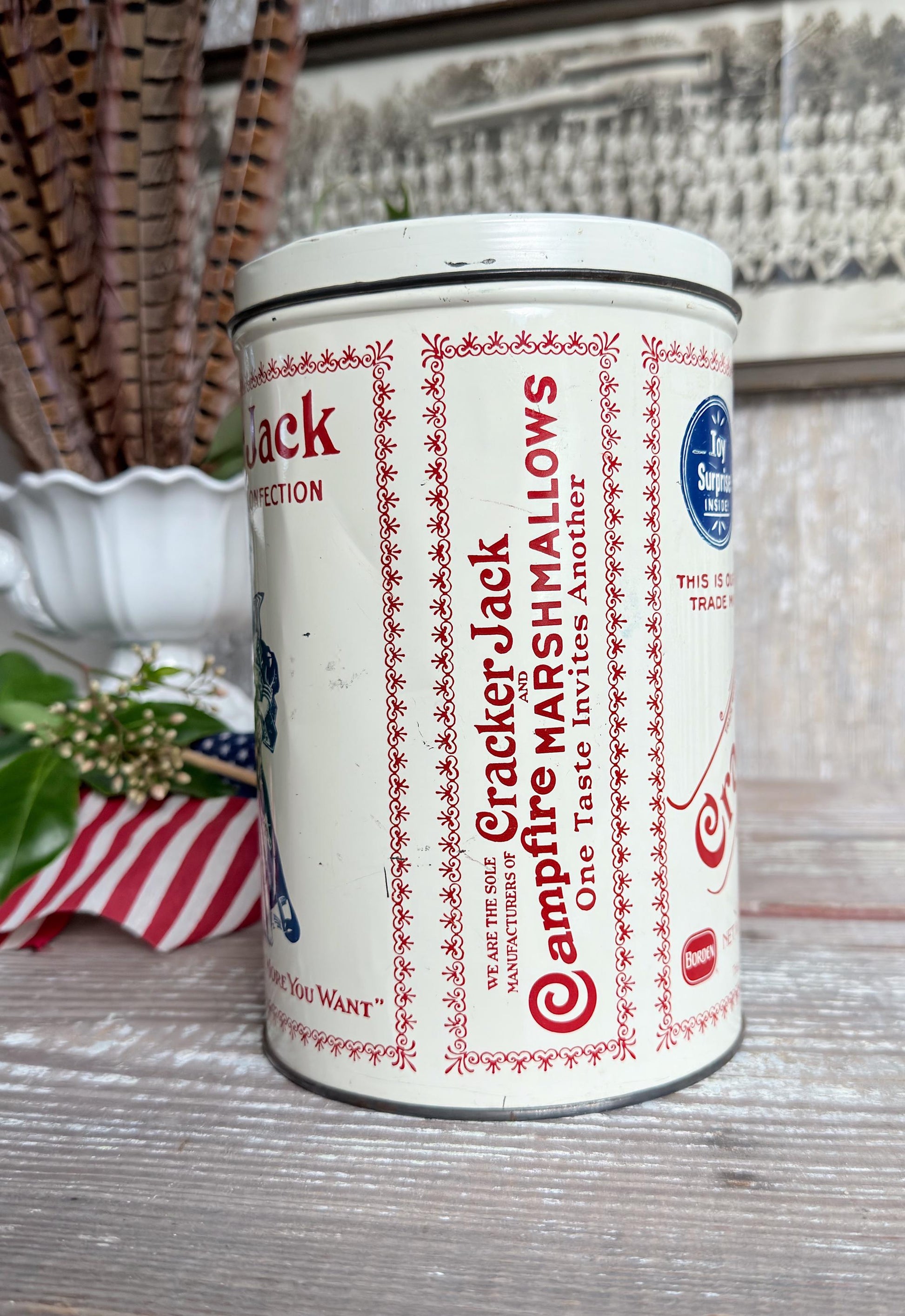 Vintage CRACKER JACK Tin Can Red White Blue Farmhouse Americana