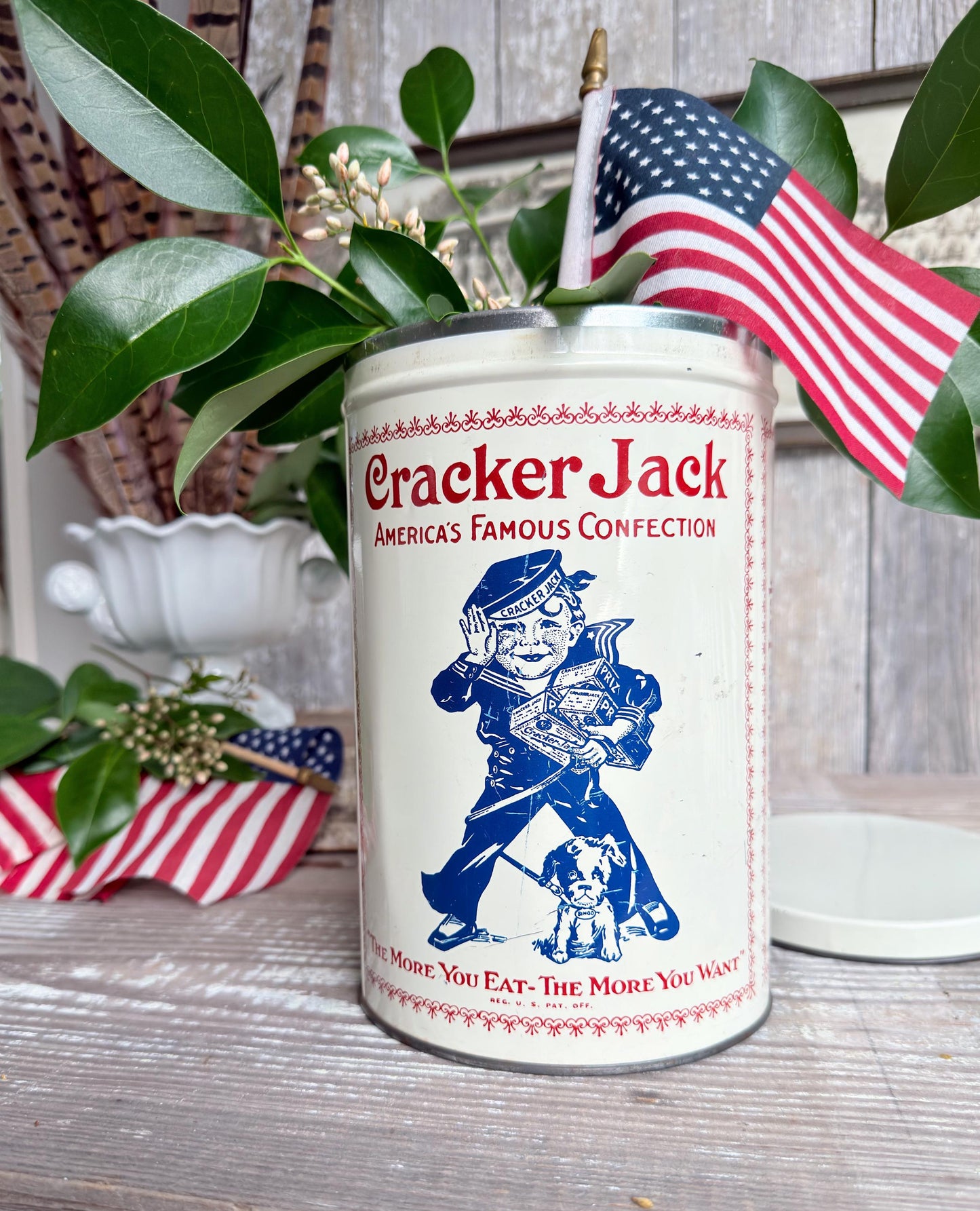 Vintage CRACKER JACK Tin Can Red White Blue Farmhouse Americana