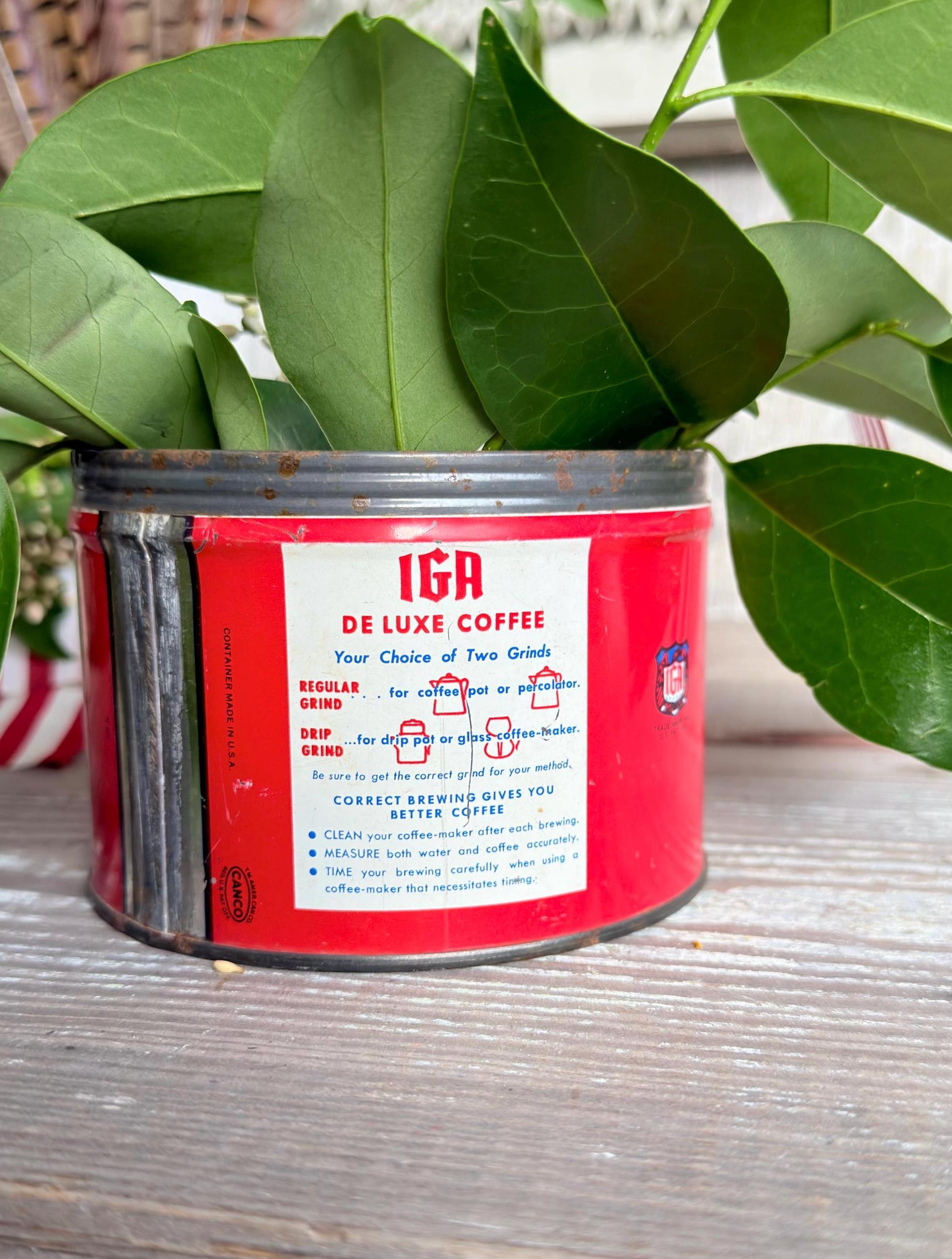 Vintage IGA Coffee Tin Can Americana Red White Blue Patriotic Decor