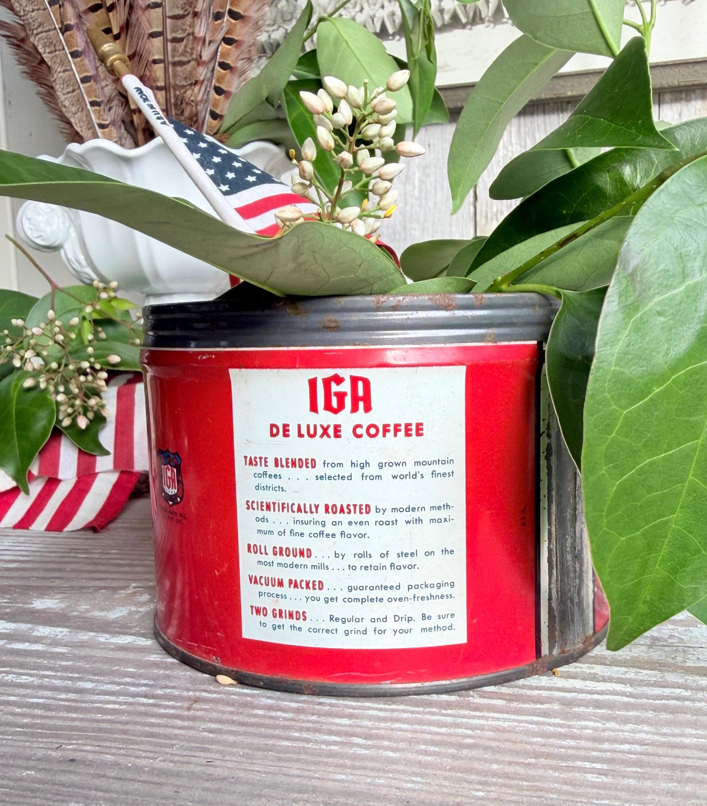 Vintage IGA Coffee Tin Can Americana Red White Blue Patriotic Decor