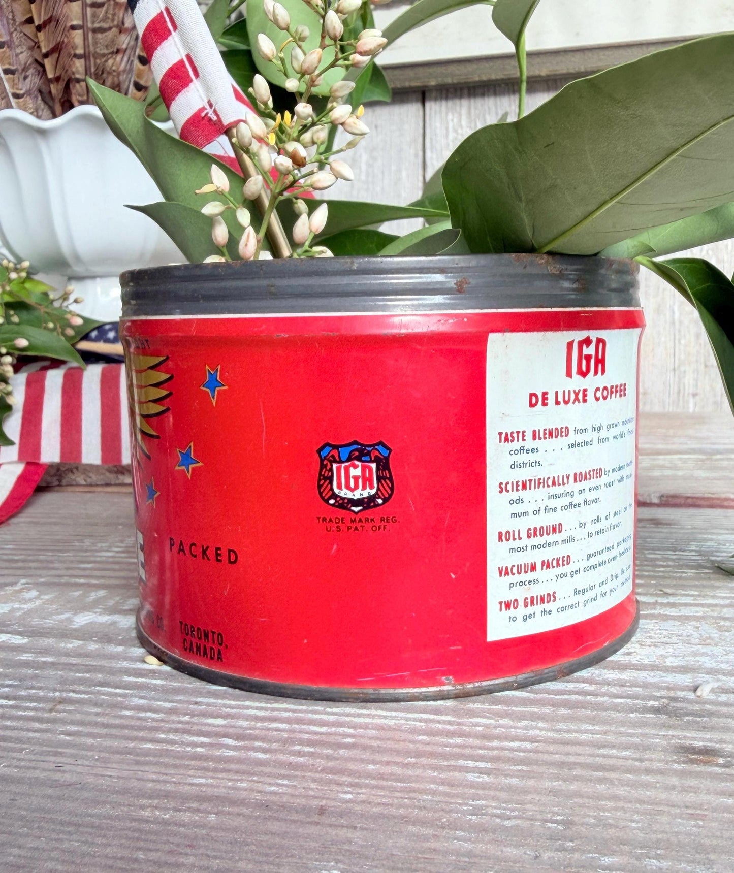 Vintage IGA Coffee Tin Can Americana Red White Blue Patriotic Decor