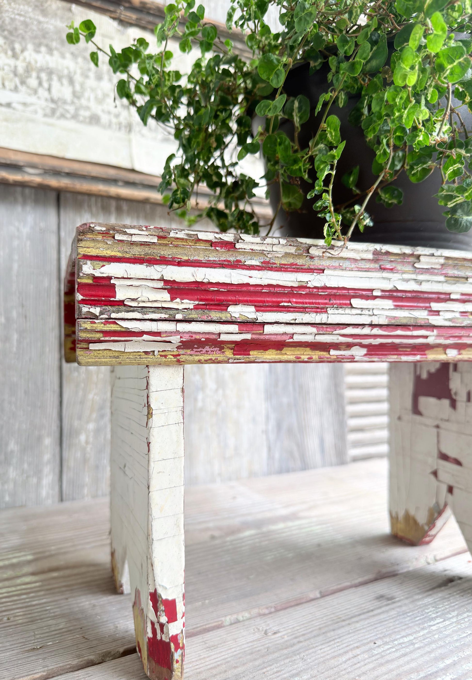 Antique Wood Bench Chippy White Red Paint Americana Farmhouse Primitive Beadboard