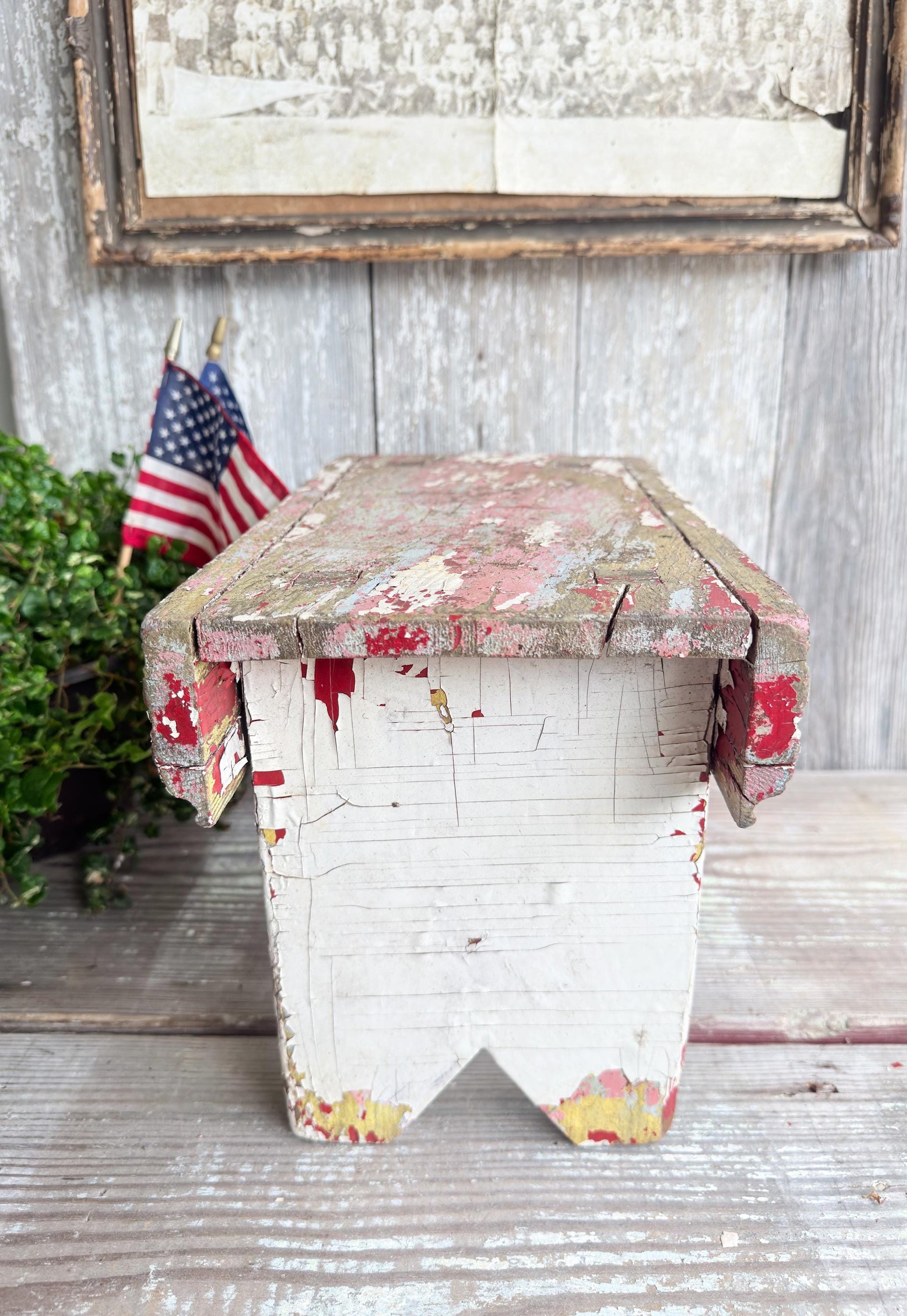 Antique Wood Bench Chippy White Red Paint Americana Farmhouse Primitive Beadboard