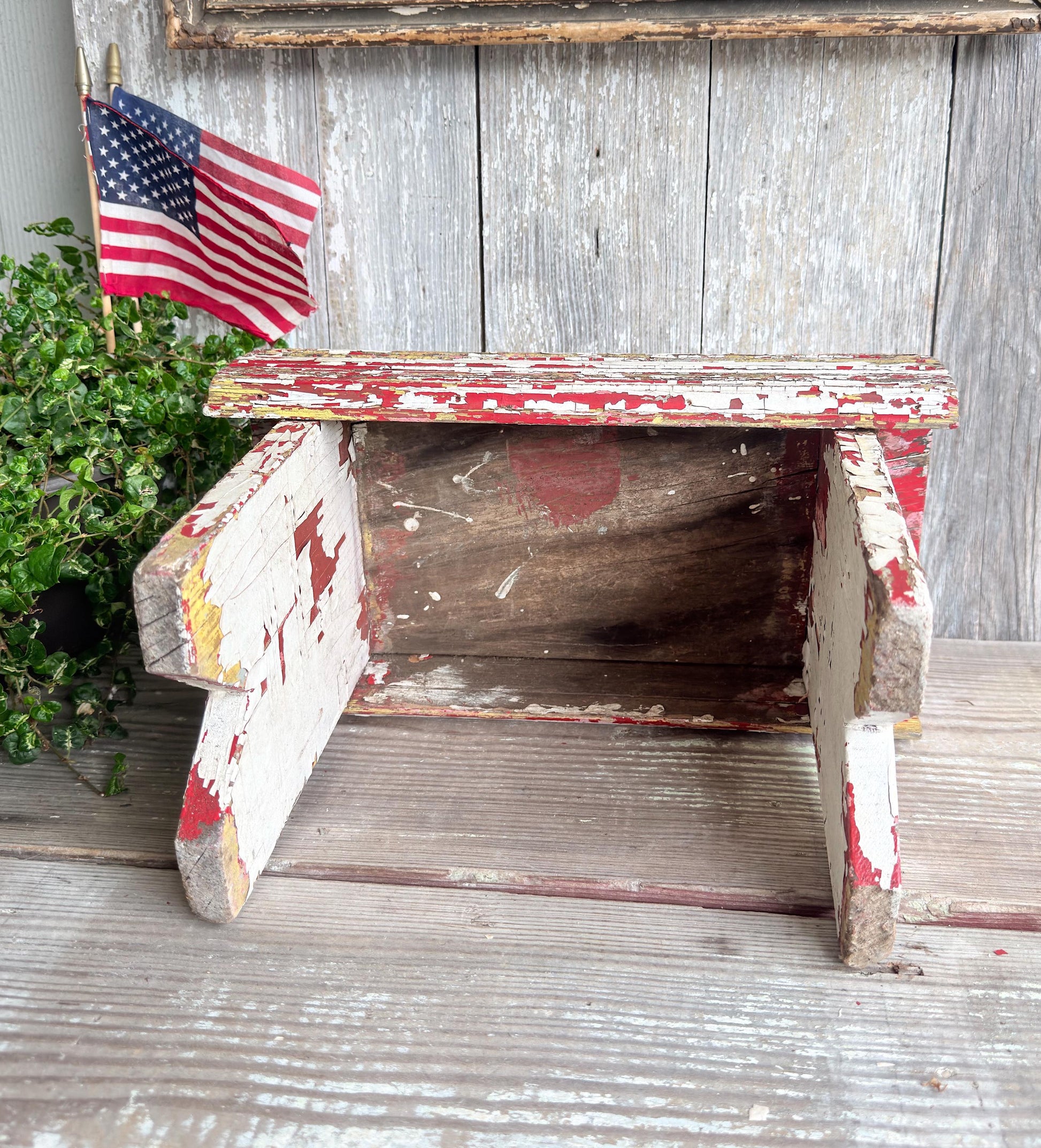 Antique Wood Bench Chippy White Red Paint Americana Farmhouse Primitive Beadboard