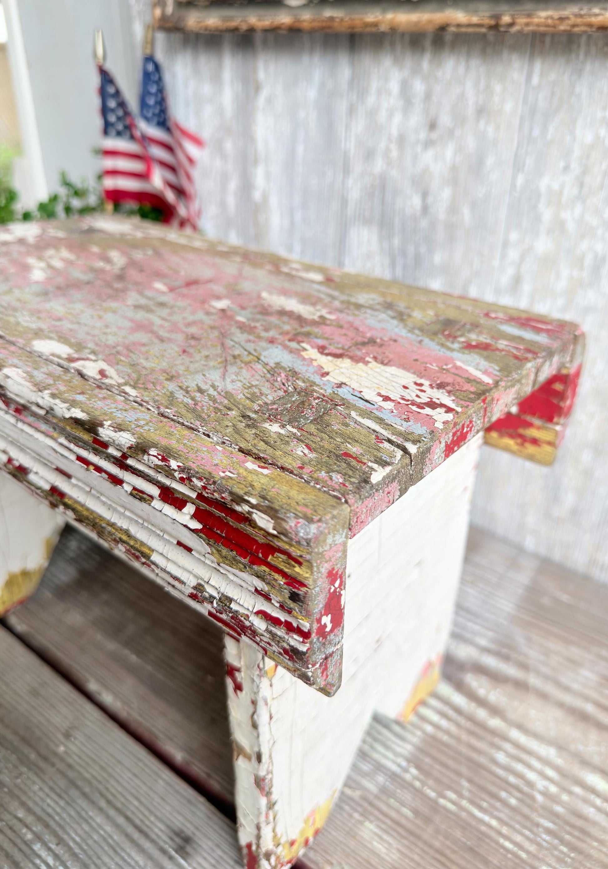 Antique Wood Bench Chippy White Red Paint Americana Farmhouse Primitive Beadboard