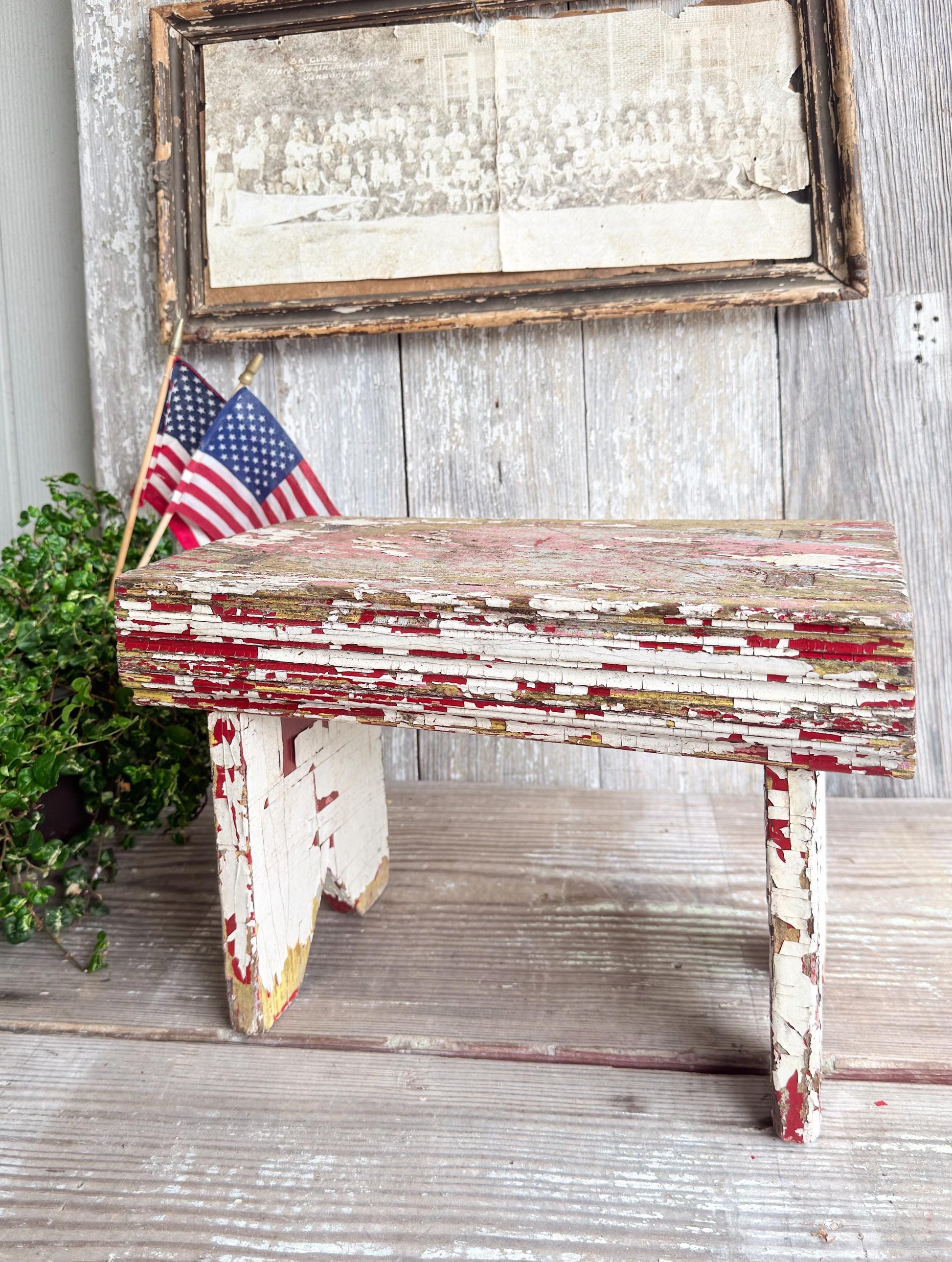 Antique Wood Bench Chippy White Red Paint Americana Farmhouse Primitive Beadboard