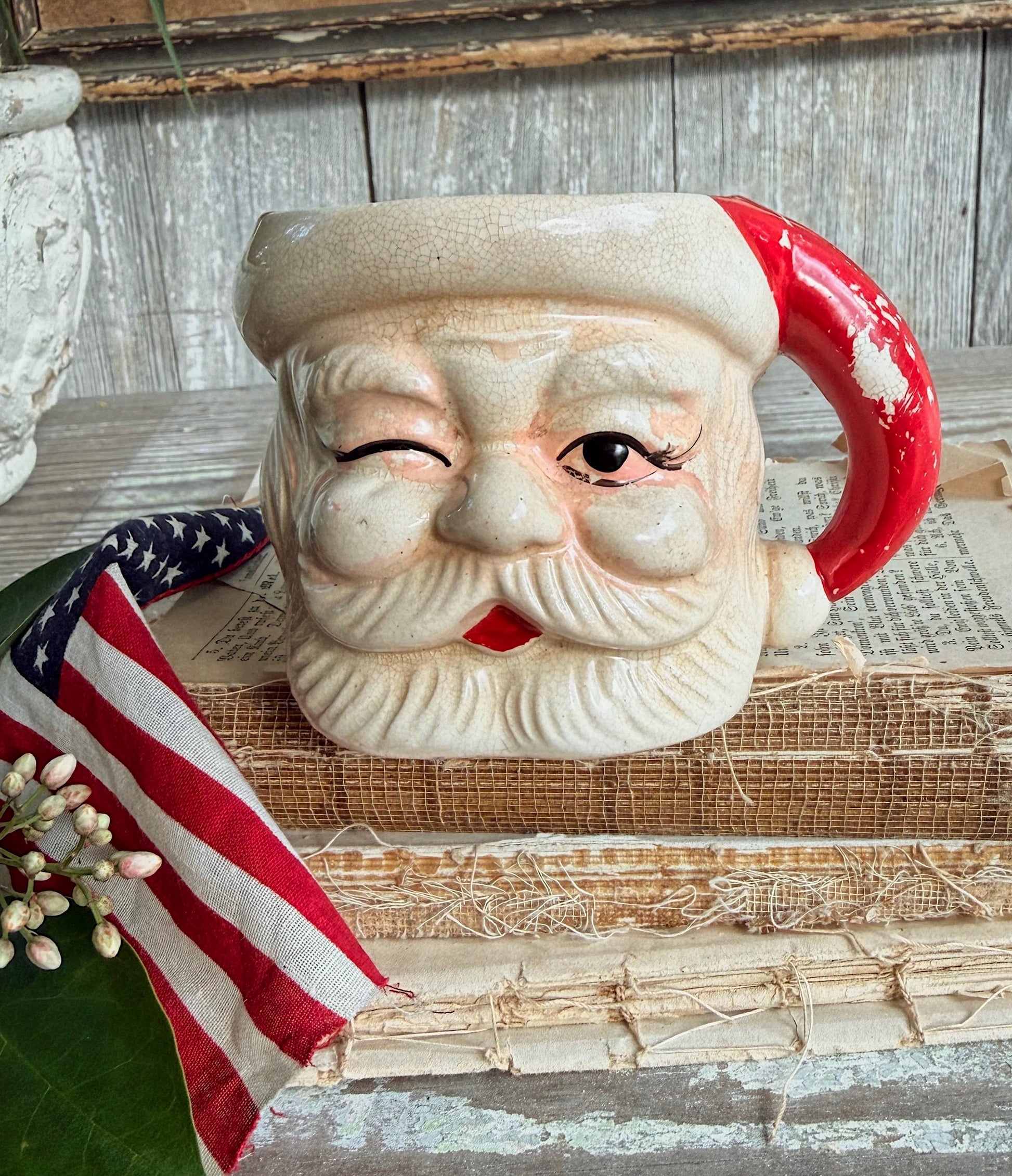 Vintage Ironstone Santa Claus Cup Mug FULL SIZE Crazed Stained Americana
